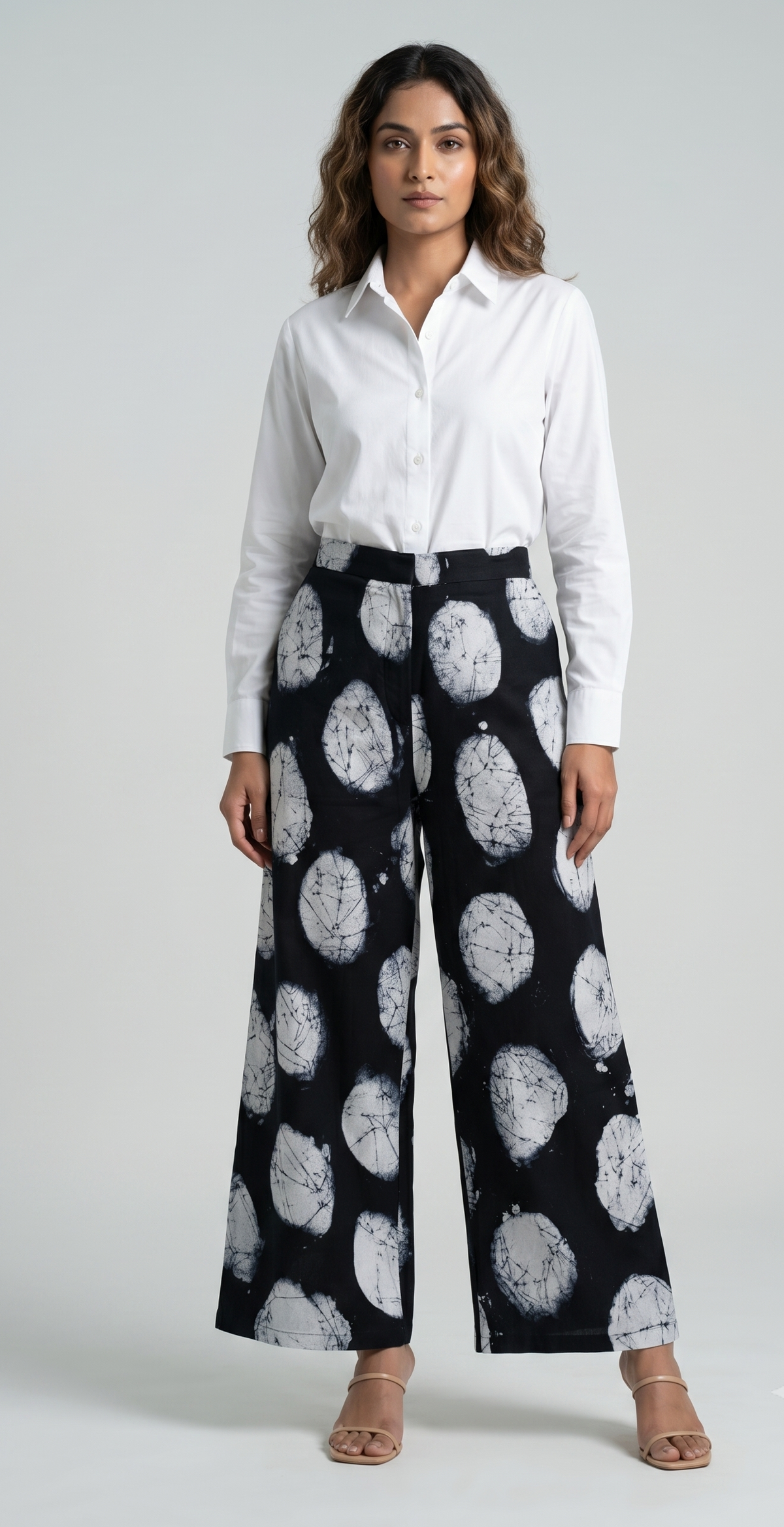 Moonstone Pebble Hand Batik Cotton Wide-Leg Pants