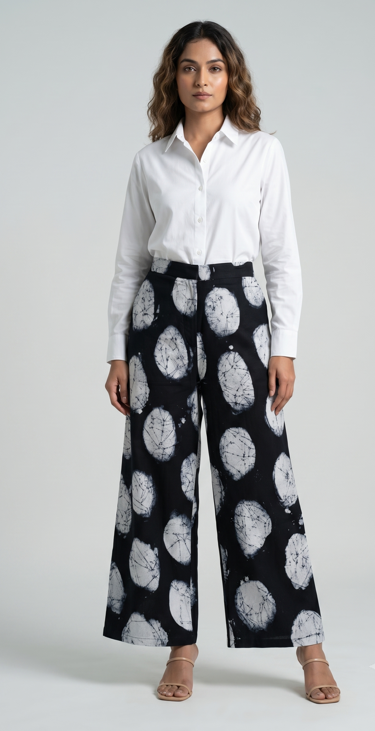 Moonstone Pebble Hand Batik Cotton Wide-Leg Pants