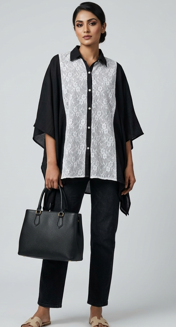 Modal night sky Lace-Detail Kaftan Shirt