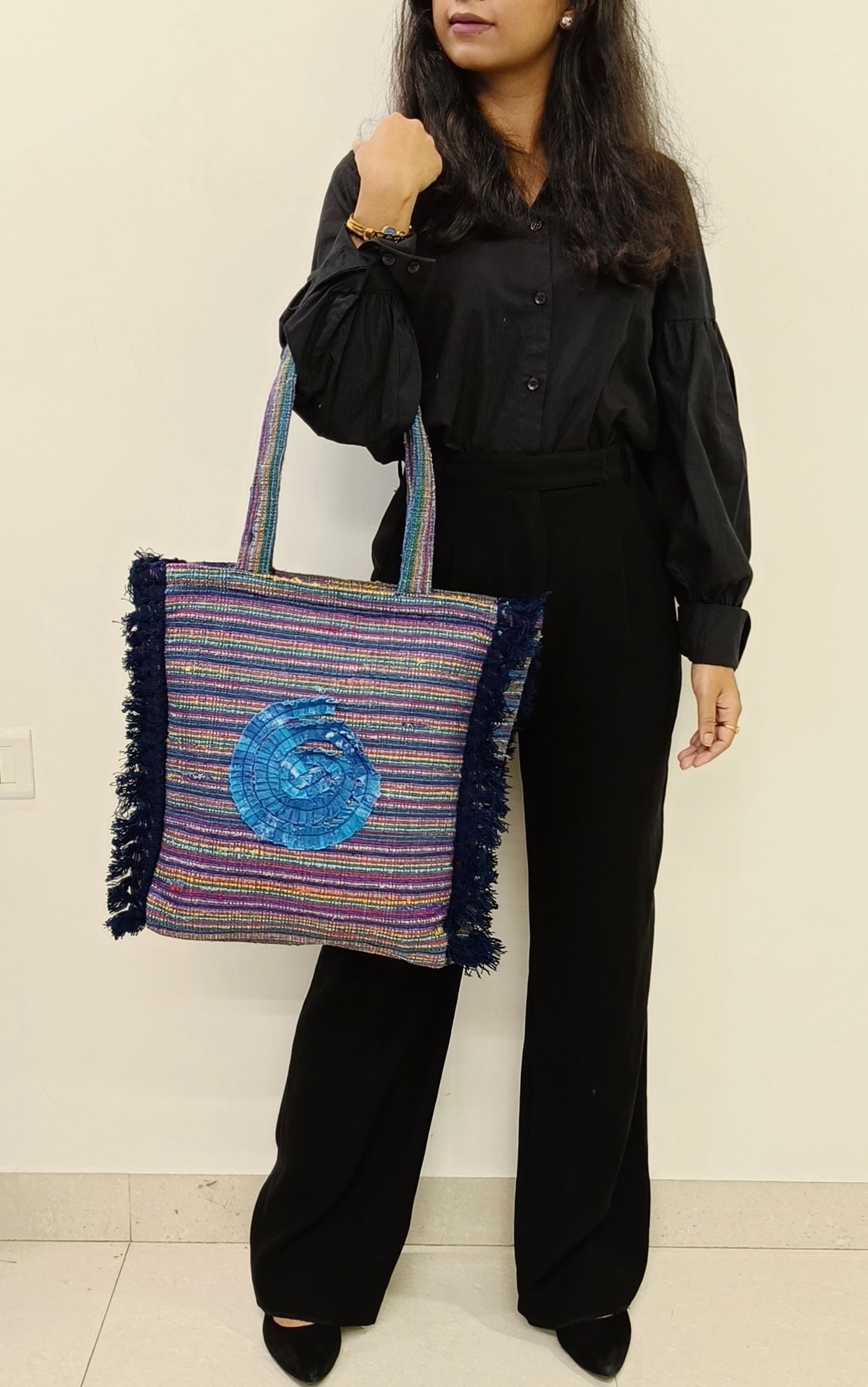Handcrafted Blue Spiral Tote Bag