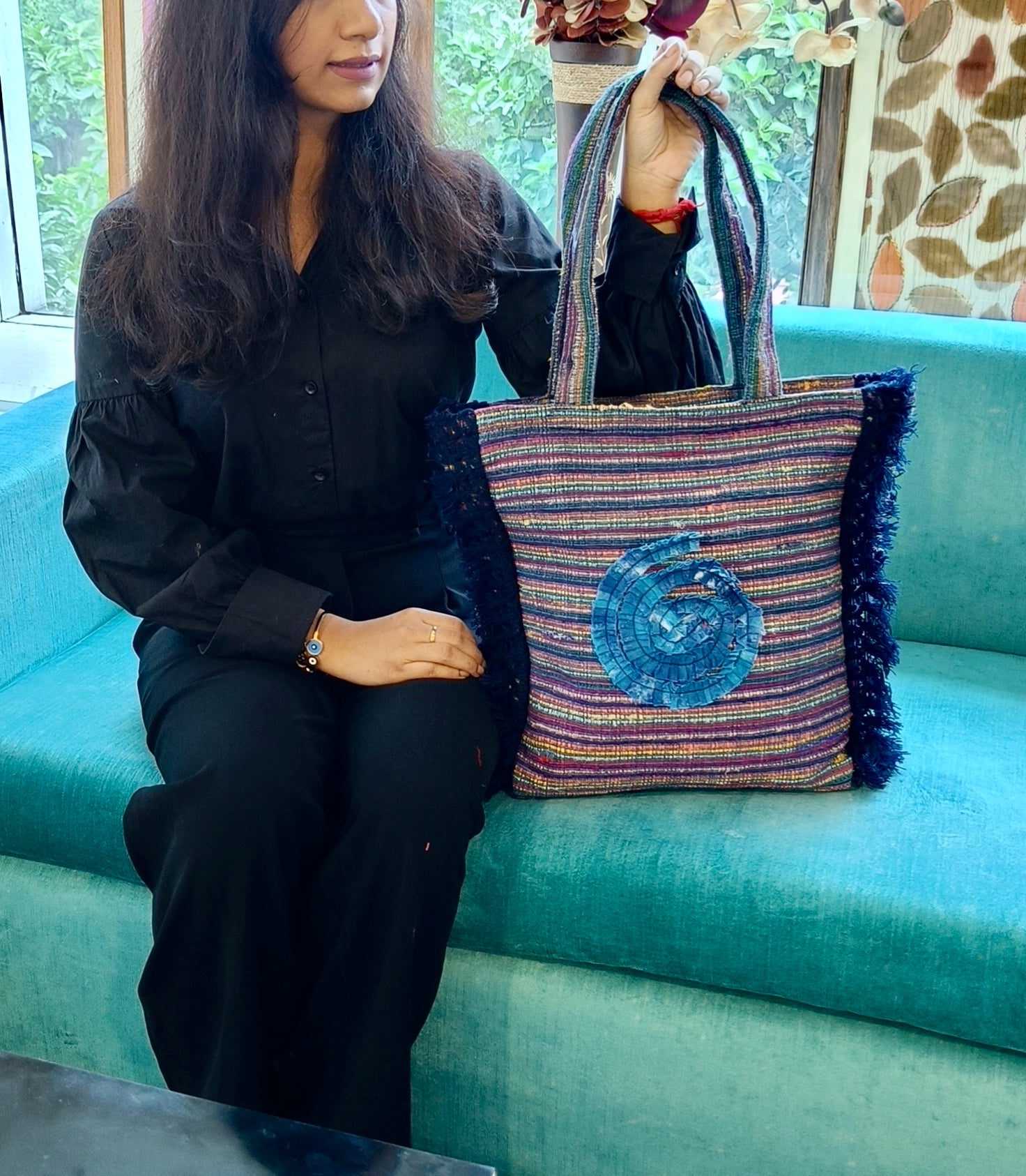Handcrafted Blue Spiral Tote Bag