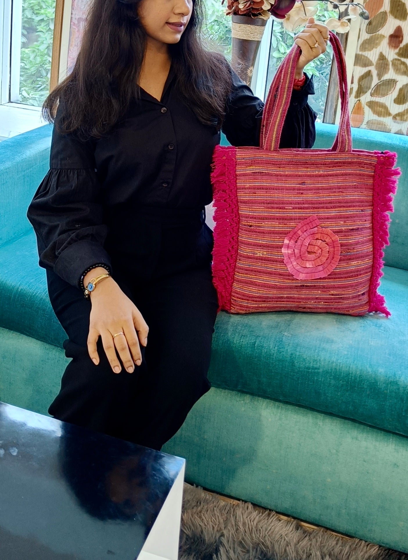Handcrafted Pink Spiral Tote Bag
