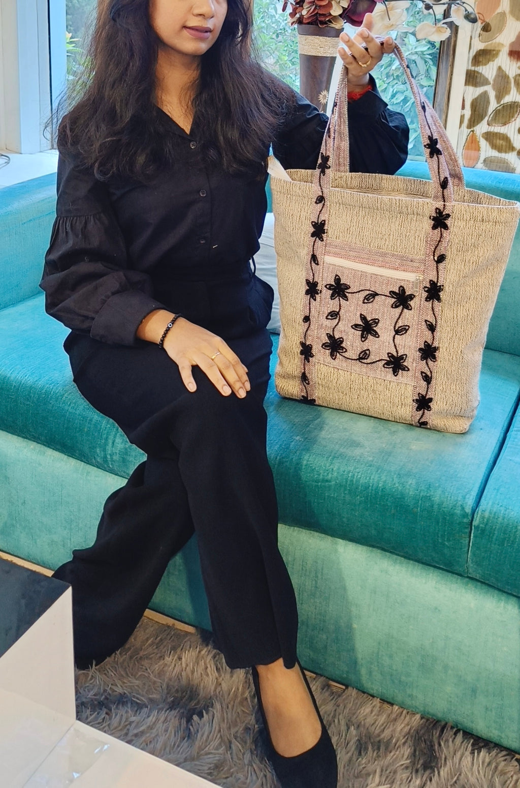 EMBROIDERED ELEGANCE KHADI DORI FABRIC TOTE BAG