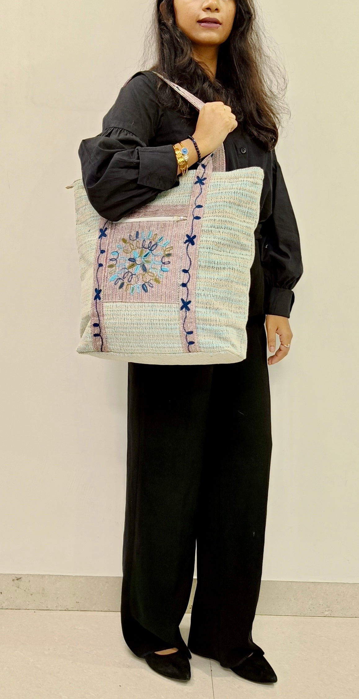 EMBROIDERED ELEGANCE KHADI DORI FABRIC TOTE BAG BLUE