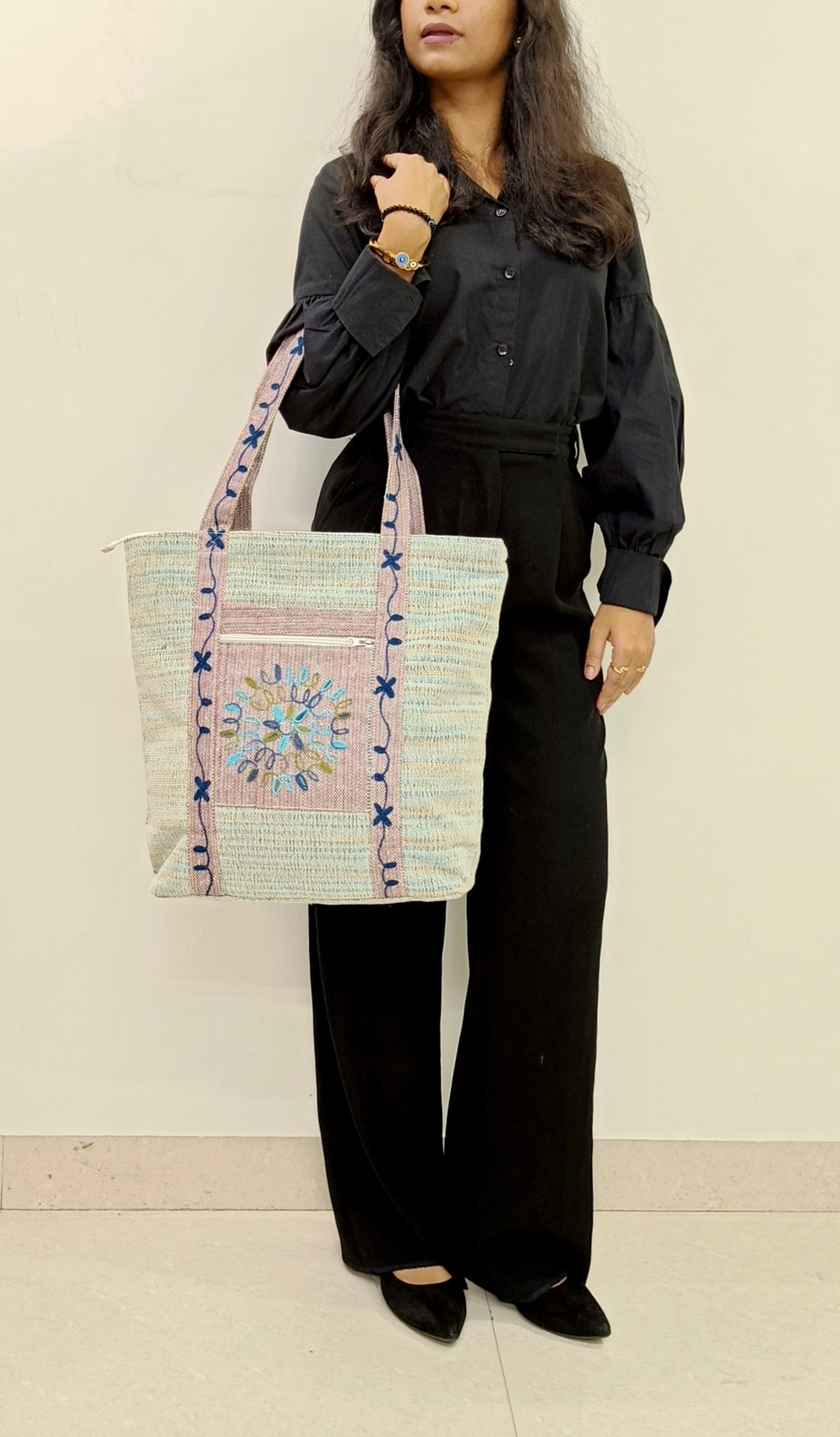 EMBROIDERED ELEGANCE KHADI DORI FABRIC TOTE BAG BLUE
