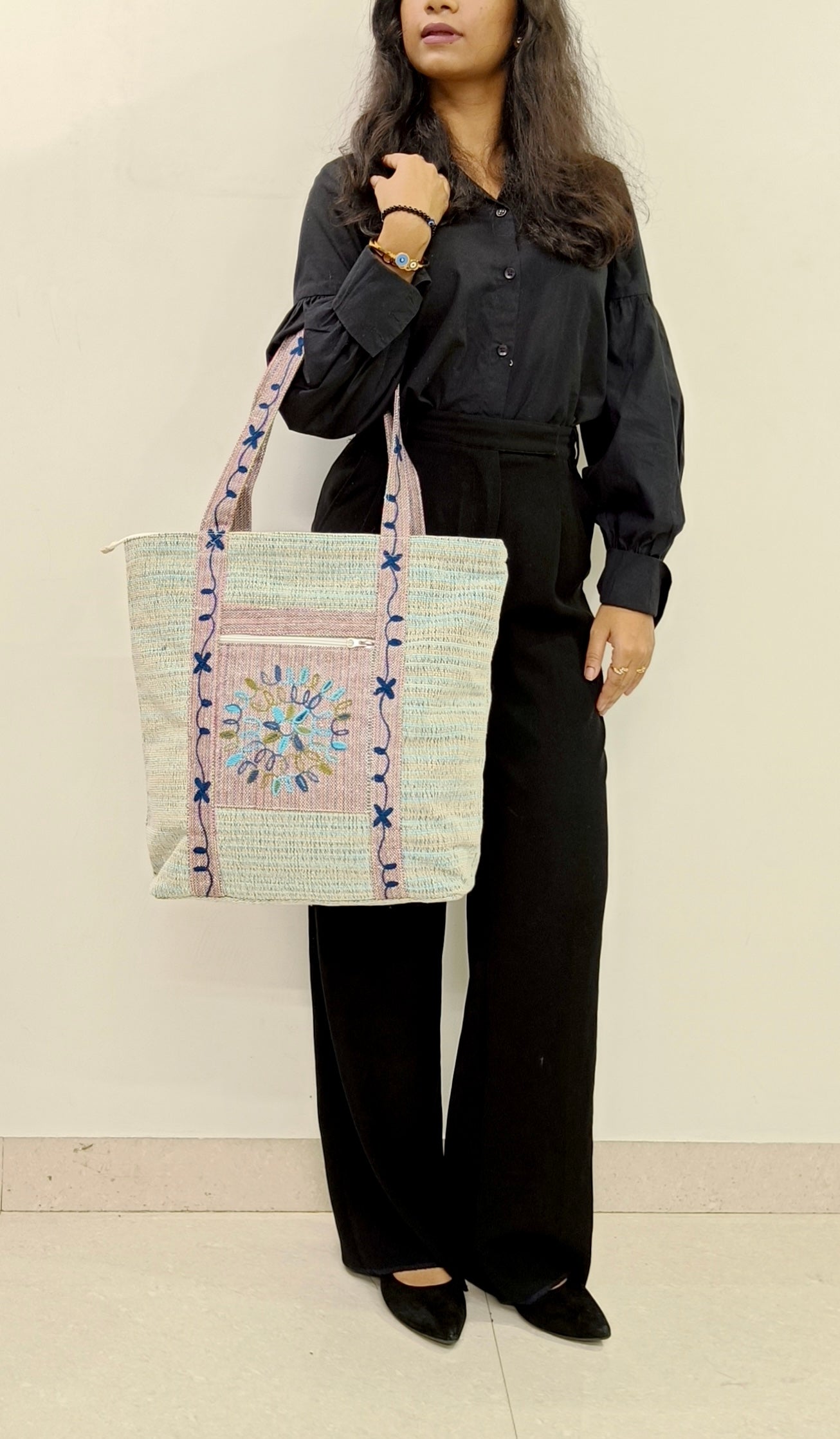 EMBROIDERED ELEGANCE KHADI DORI FABRIC TOTE BAG BLUE