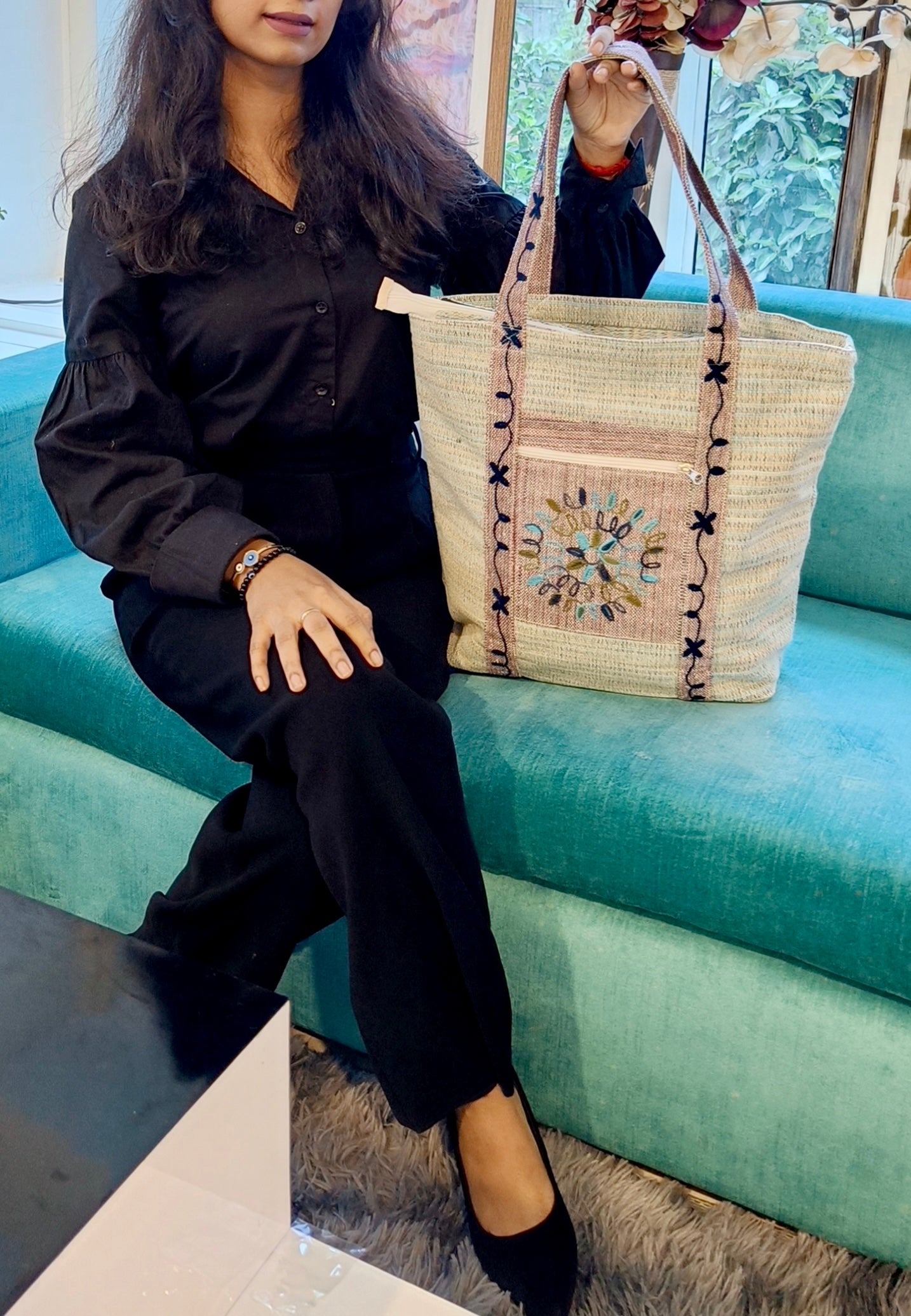 EMBROIDERED ELEGANCE KHADI DORI FABRIC TOTE BAG BLUE
