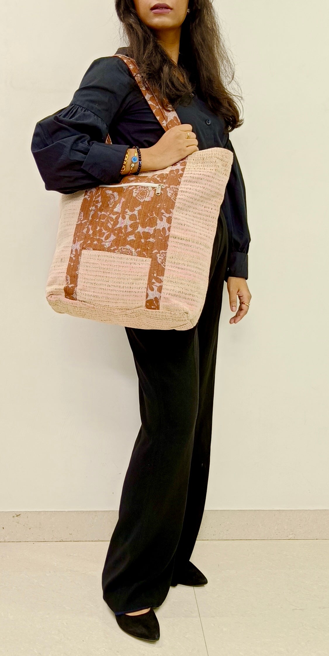 Brown Blossom Handloom Large Tote