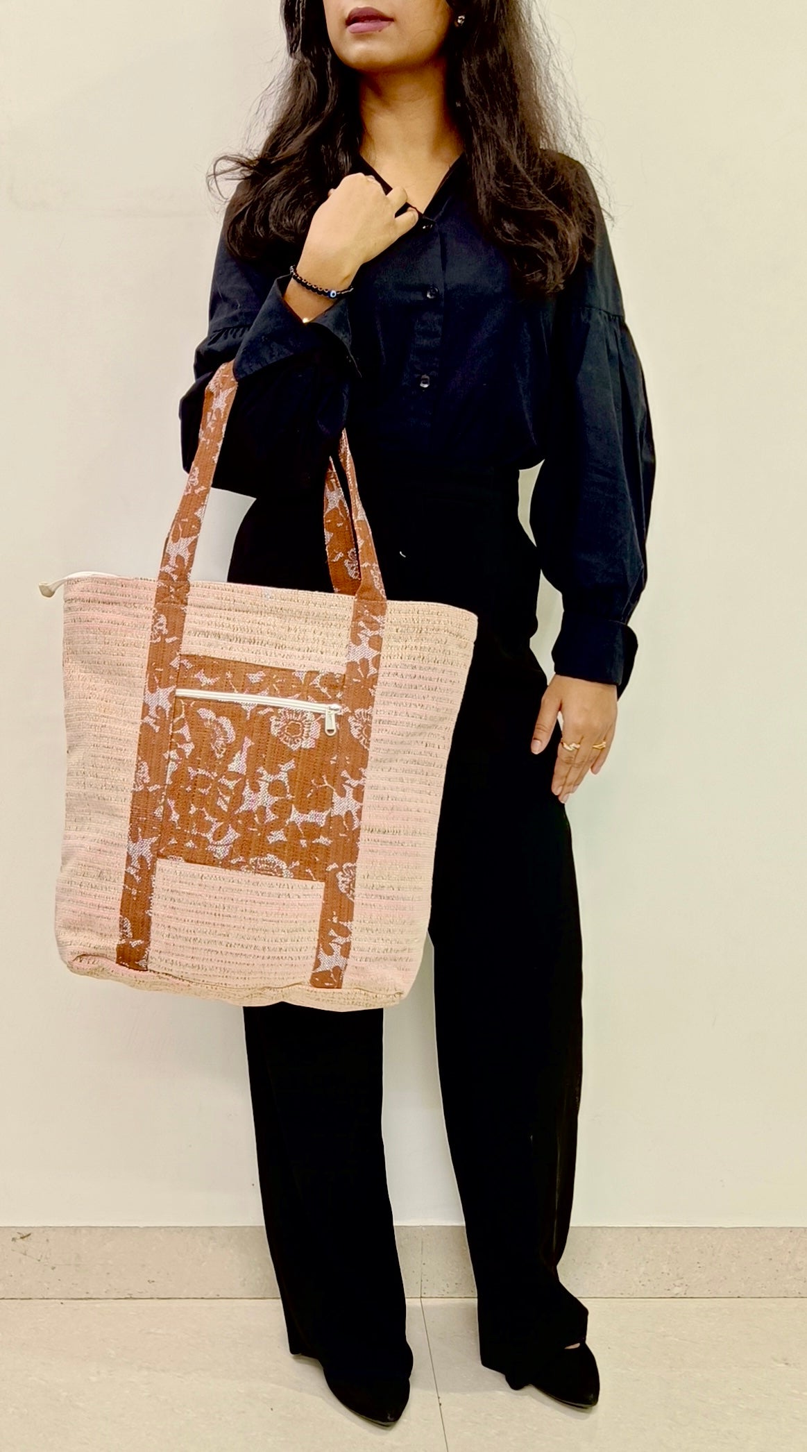 Brown Blossom Handloom Large Tote
