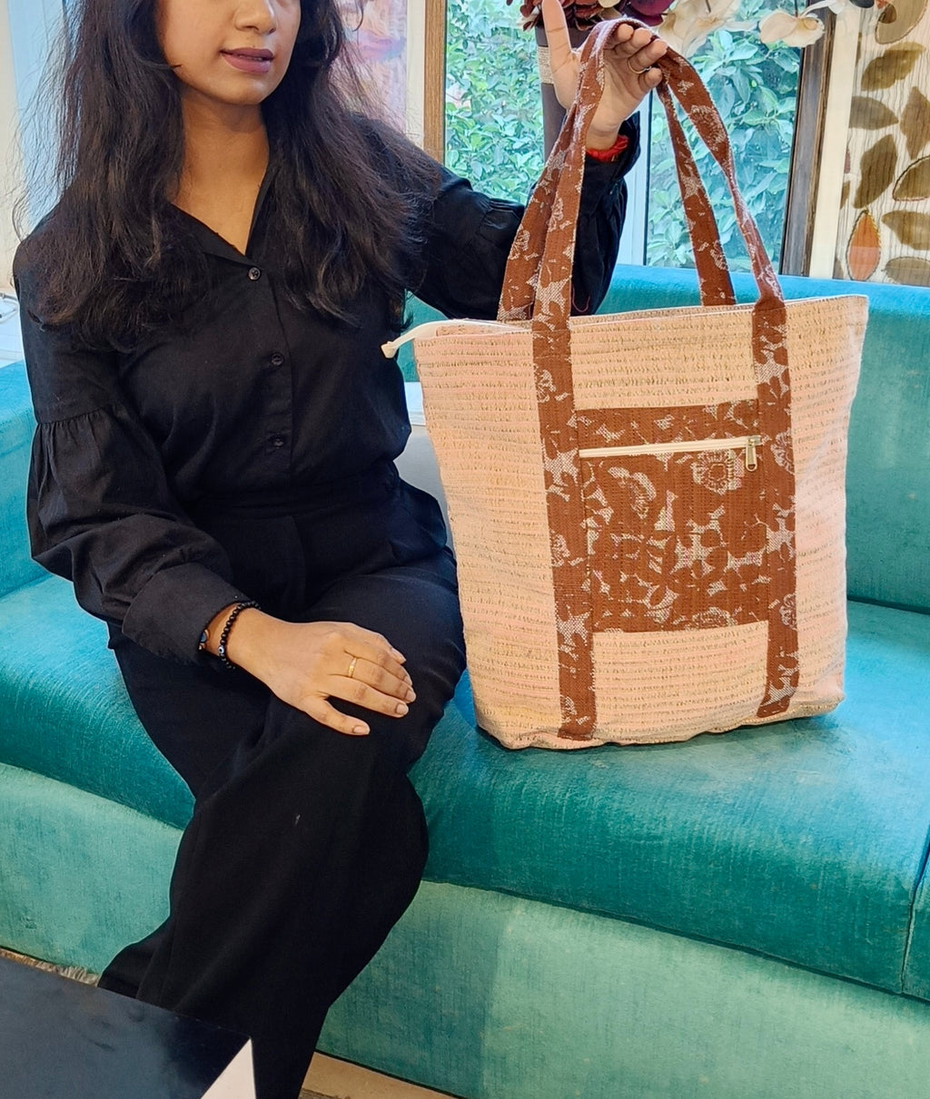 Brown Blossom Handloom Large Tote