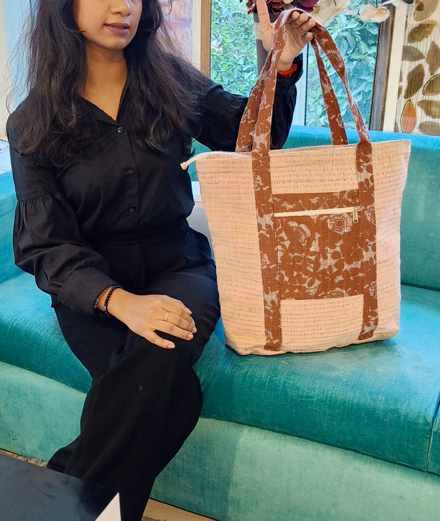 Brown Blossom Handloom Large Tote