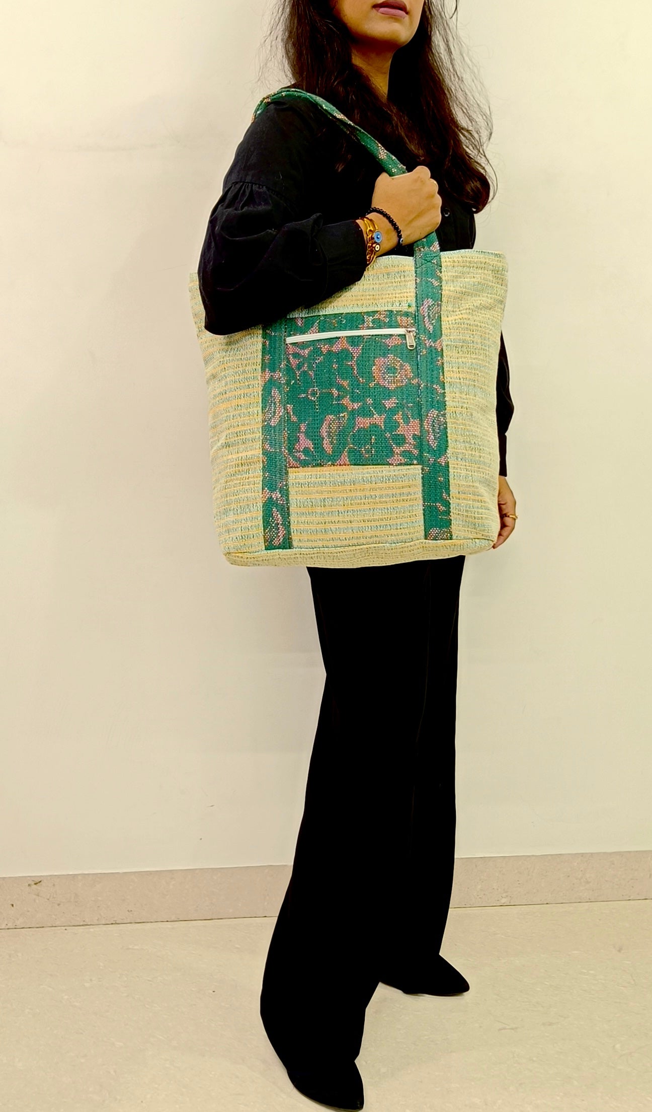 Green Blossom Handloom Large Tote