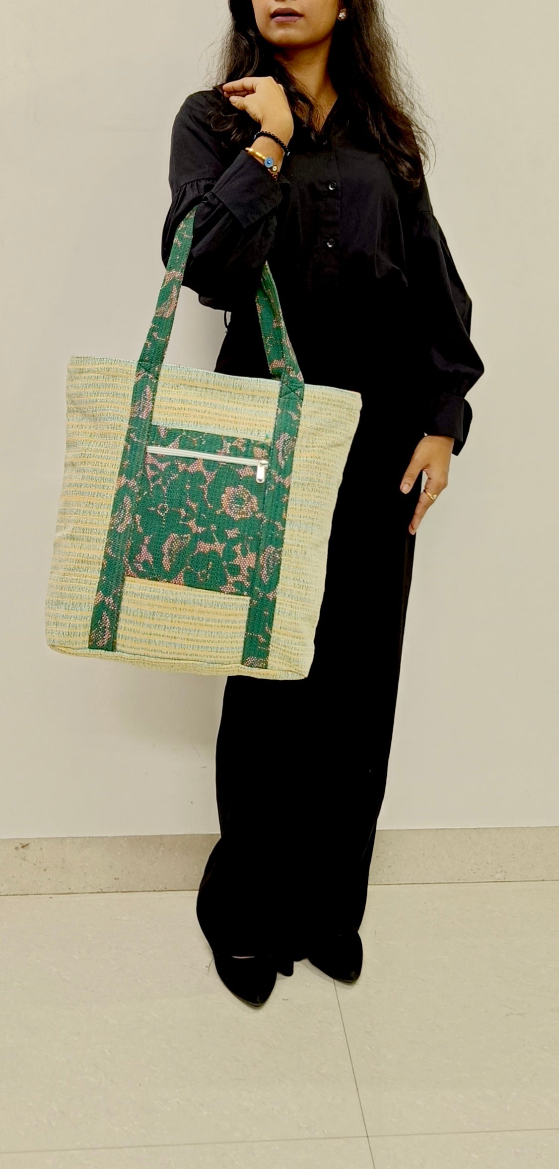 Green Blossom Handloom Large Tote