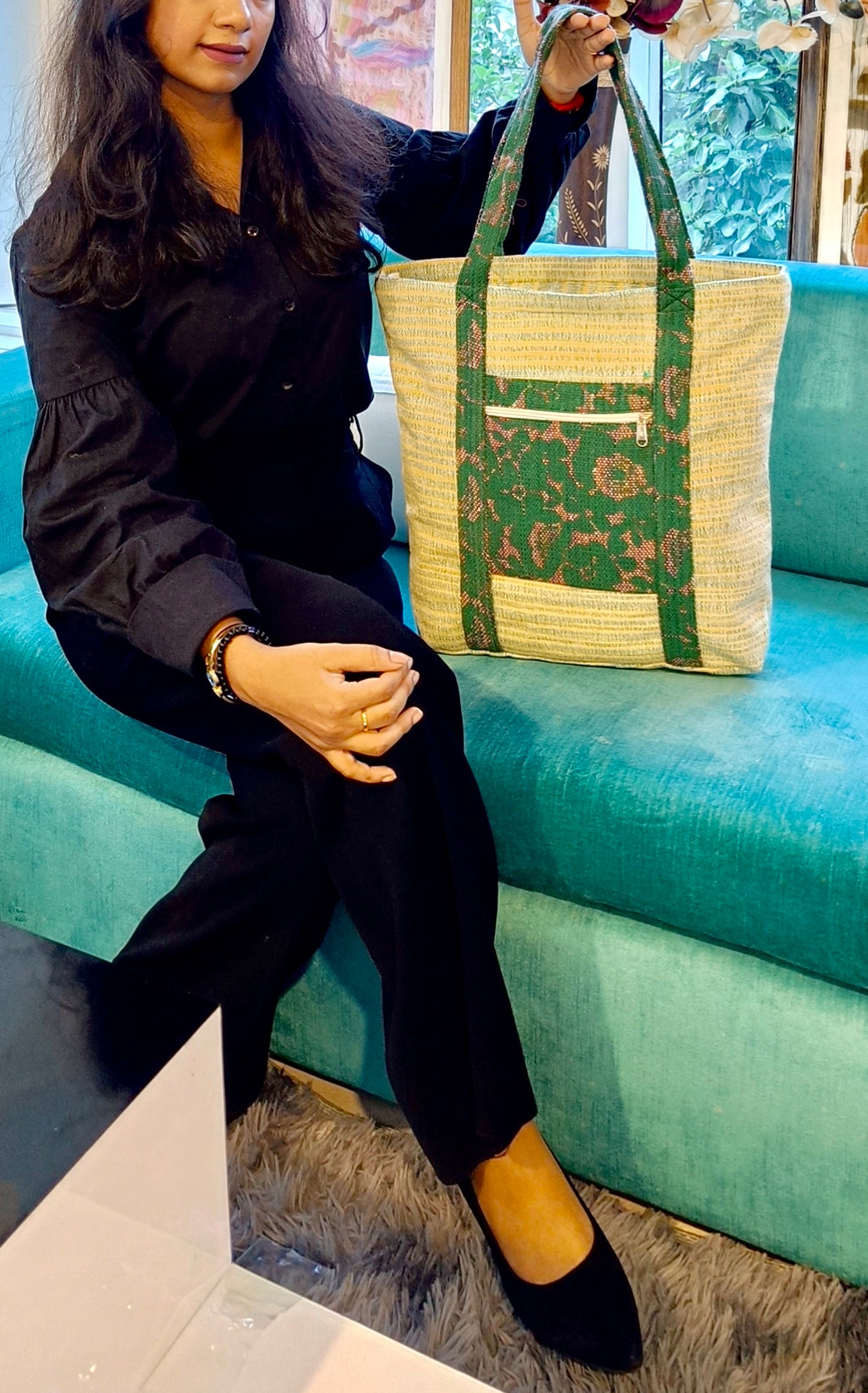 Green Blossom Handloom Large Tote