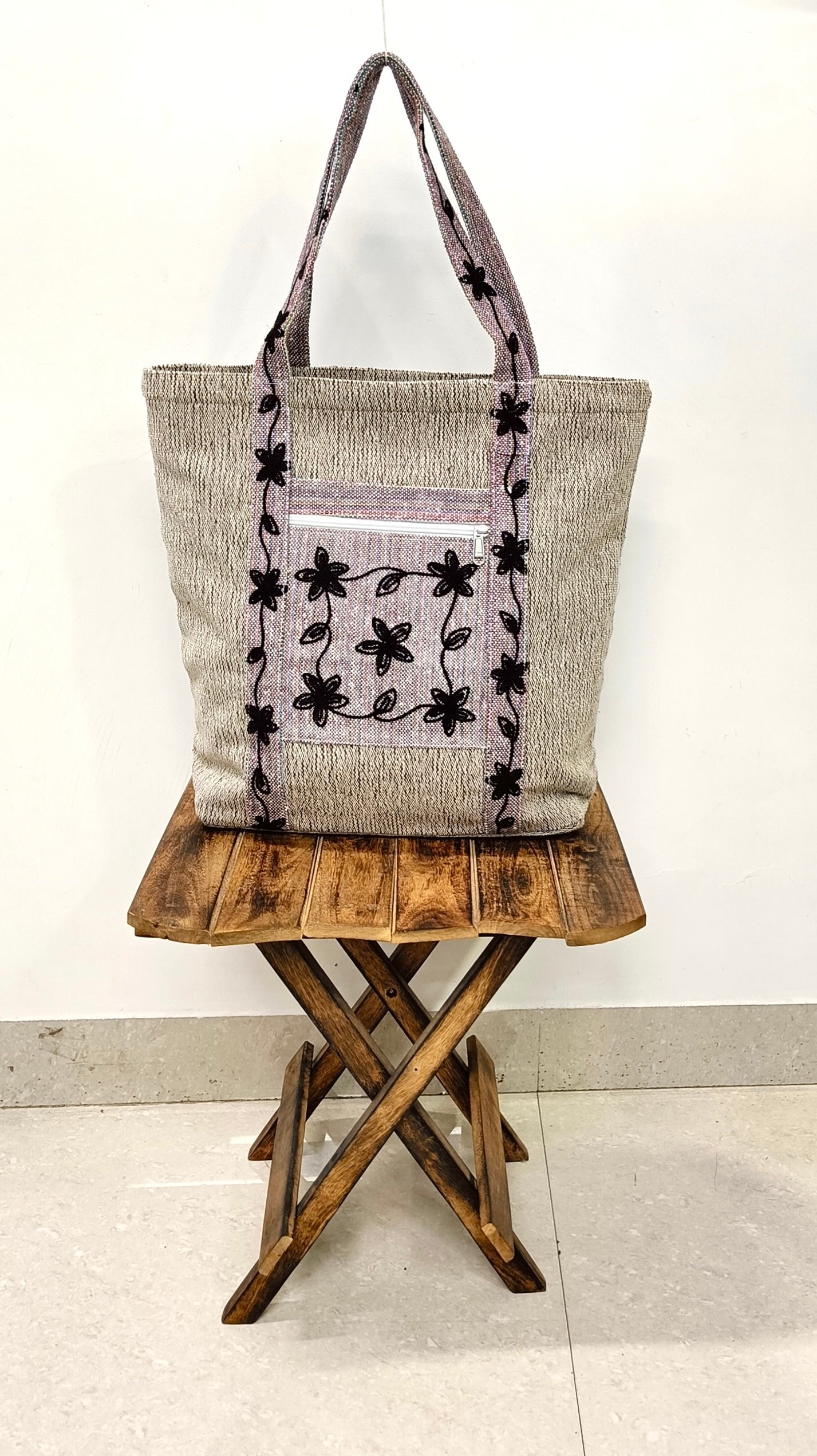 EMBROIDERED ELEGANCE KHADI DORI FABRIC TOTE BAG