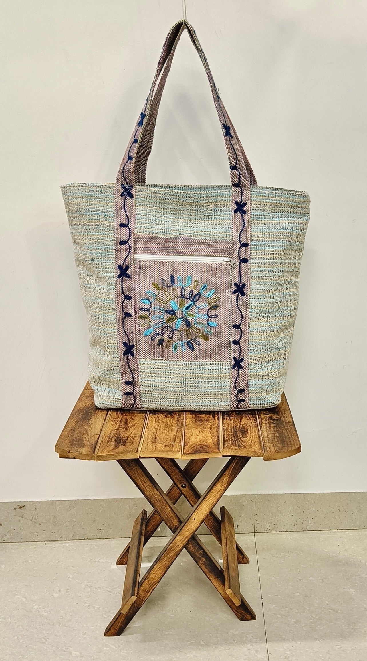 EMBROIDERED ELEGANCE KHADI DORI FABRIC TOTE BAG BLUE