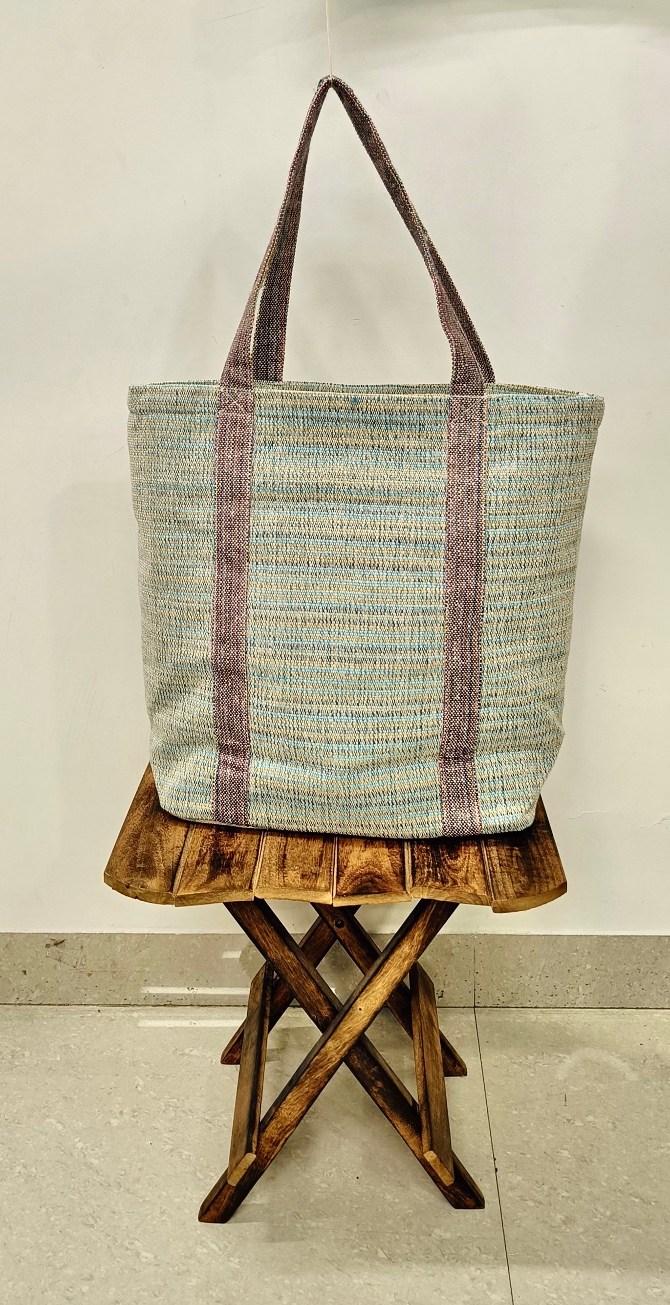 EMBROIDERED ELEGANCE KHADI DORI FABRIC TOTE BAG BLUE