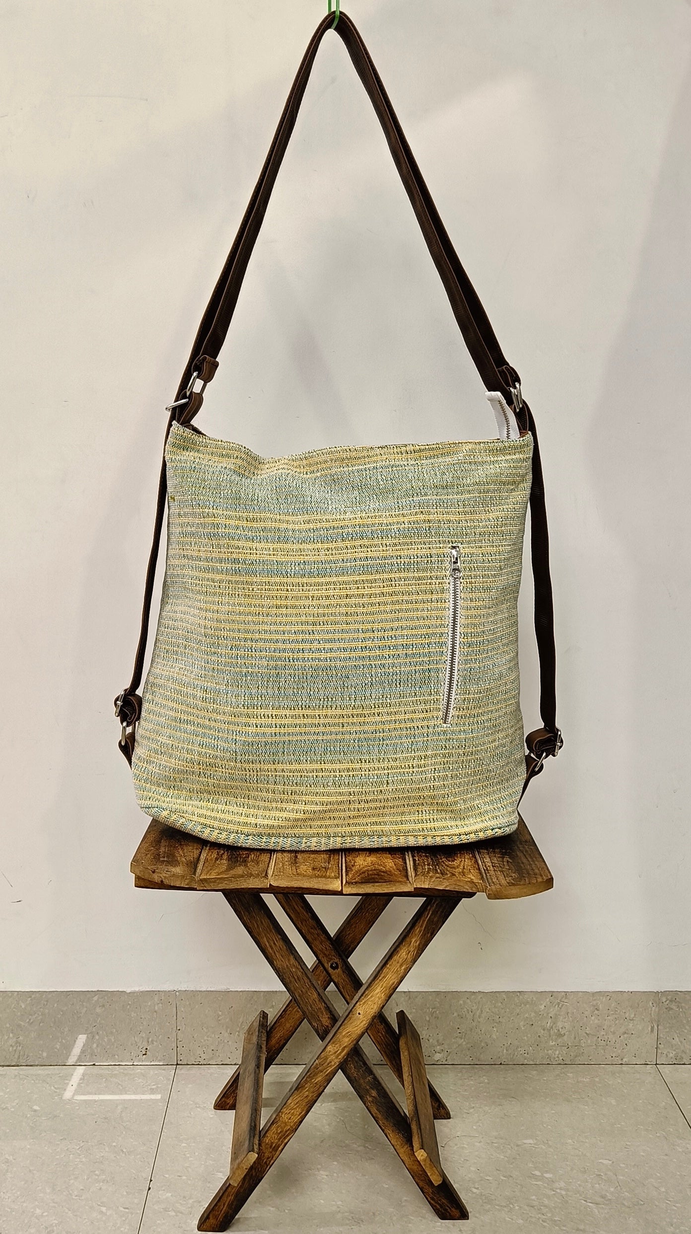 Stria Yellow Green Convertible Backpack and Shoulder Handloom Bag