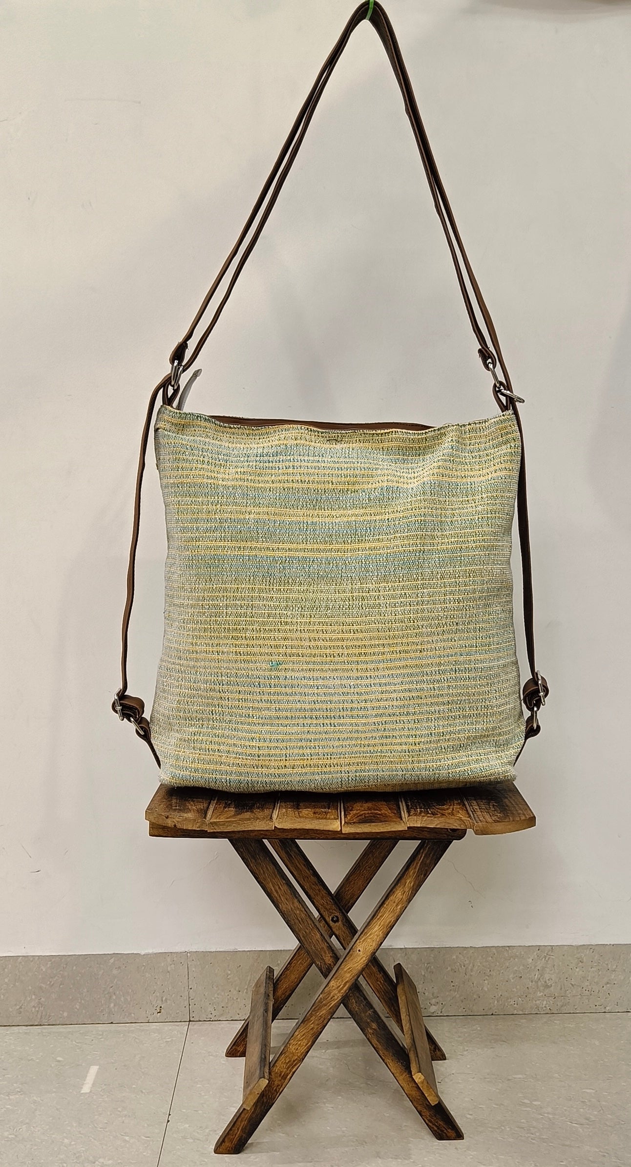 Stria Yellow Green Convertible Backpack and Shoulder Handloom Bag