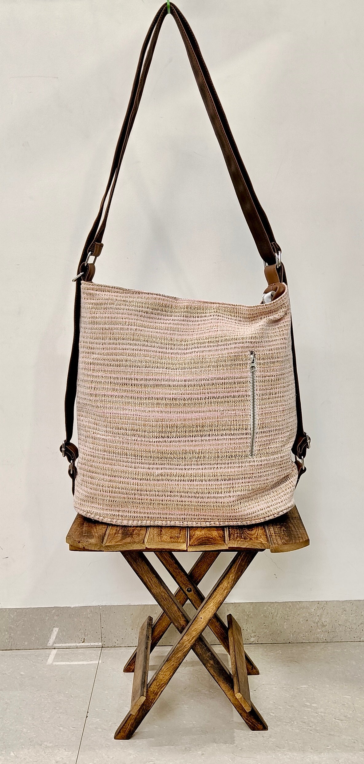 Stria Pink Convertible Backpack and Shoulder Handloom Bag