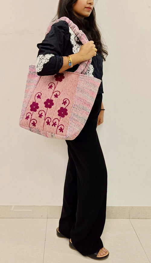 "Blossom Bloom" Red Handloom Embroidered Tote