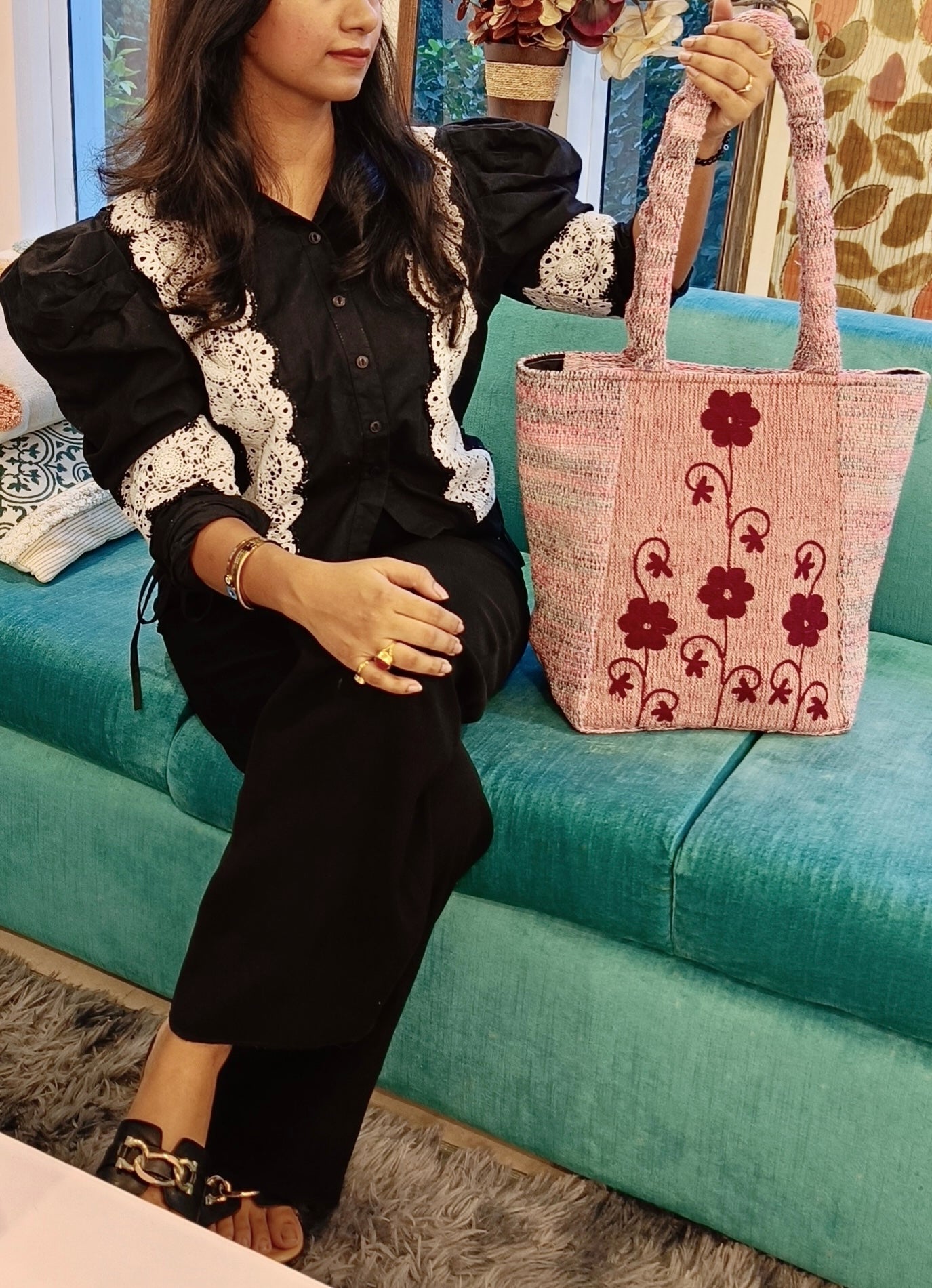 "Blossom Bloom" Red Handloom Embroidered Tote