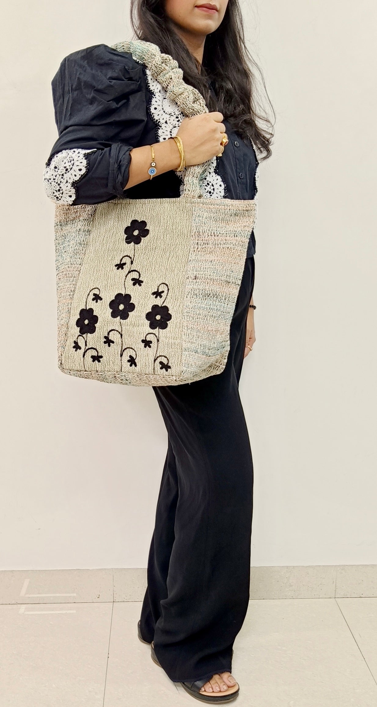 "Blossom Bloom" Black Handloom Embroidered Tote