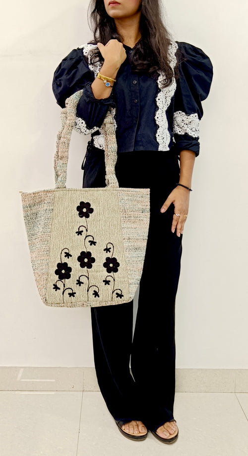 "Blossom Bloom" Black Handloom Embroidered Tote