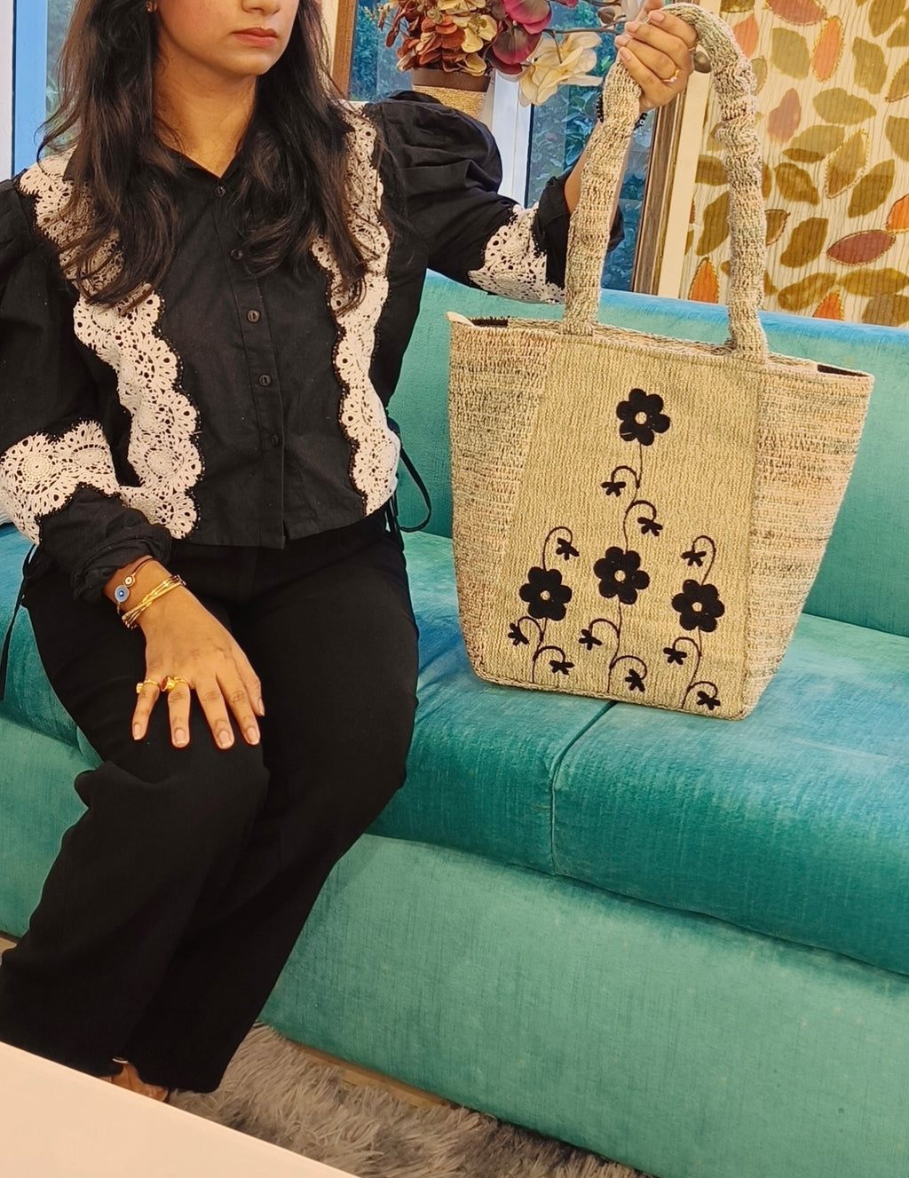 "Blossom Bloom" Black Handloom Embroidered Tote