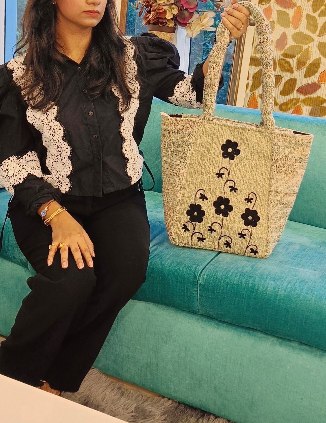 "Blossom Bloom" Black Handloom Embroidered Tote