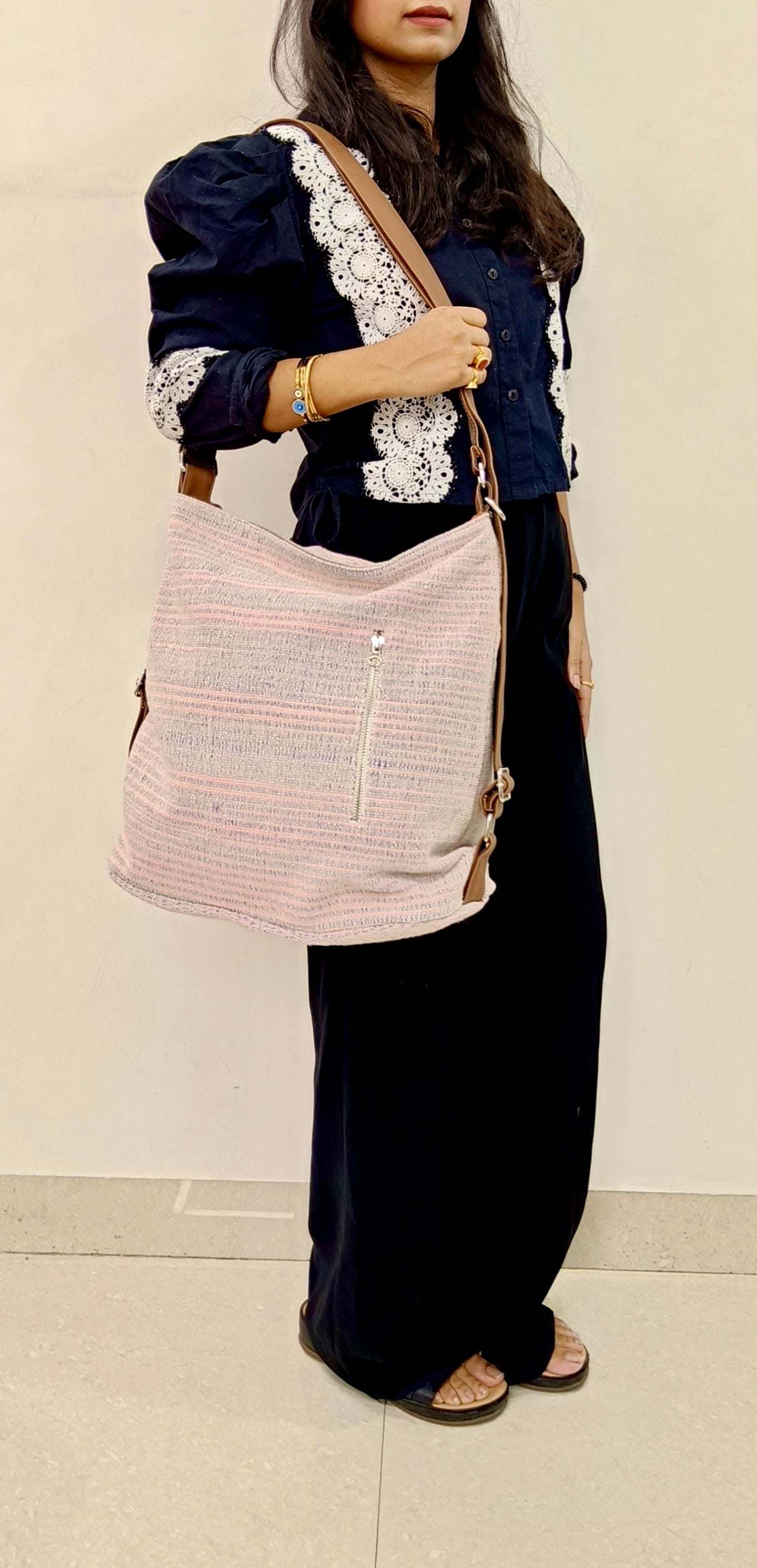 Stria Purple Convertible Backpack and Shoulder Handloom Bag
