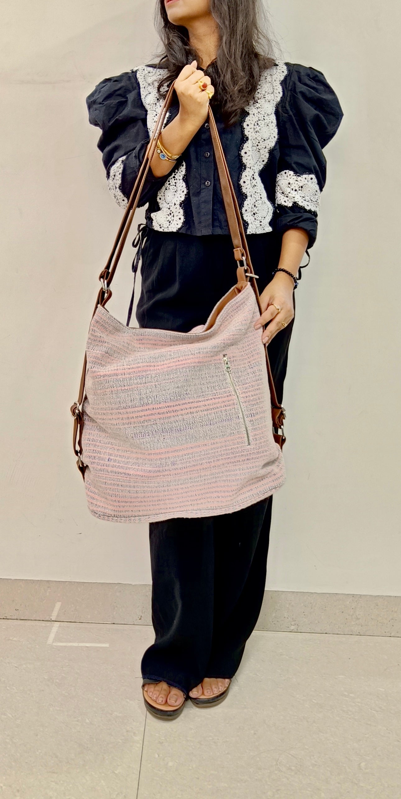 Stria Purple Convertible Backpack and Shoulder Handloom Bag