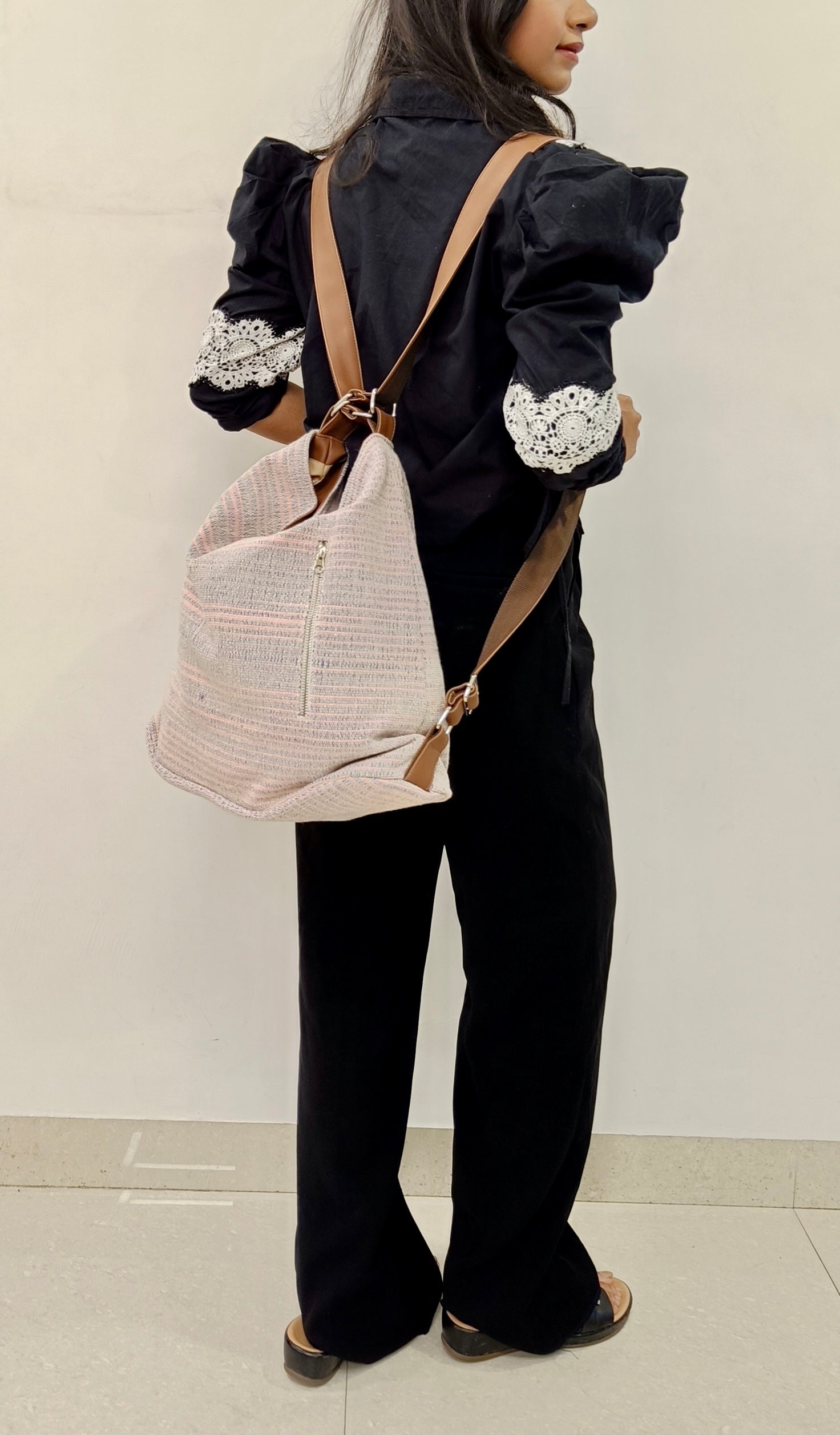 Stria Purple Convertible Backpack and Shoulder Handloom Bag