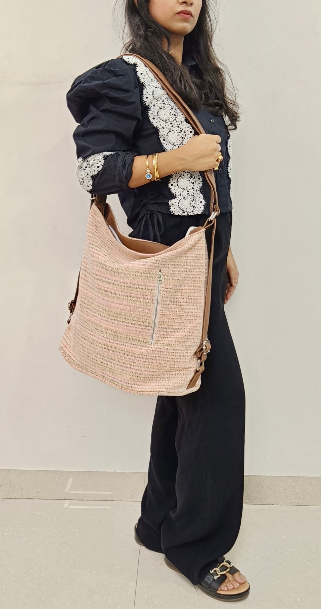 Stria Pink Convertible Backpack and Shoulder Handloom Bag