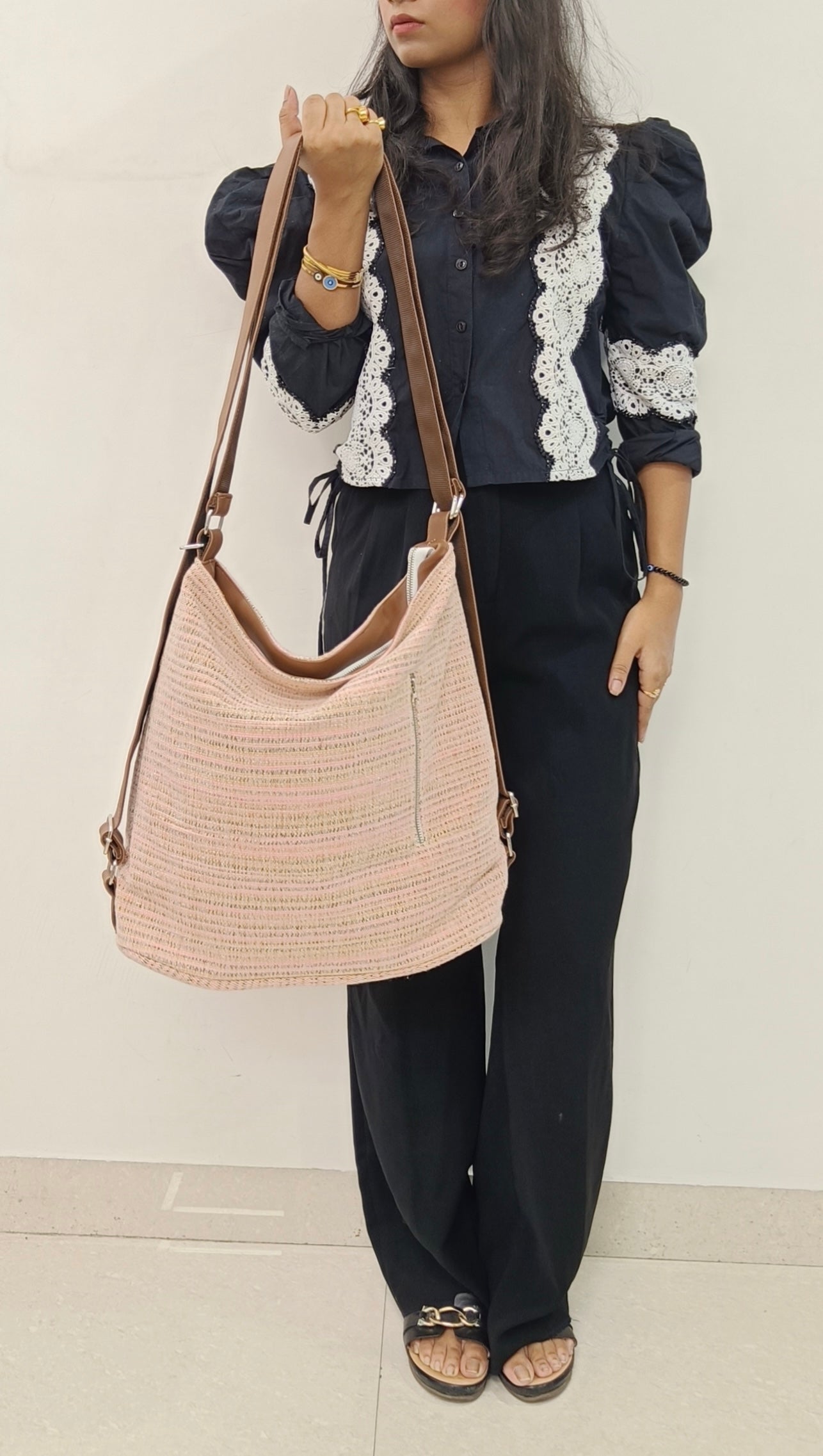 Stria Pink Convertible Backpack and Shoulder Handloom Bag