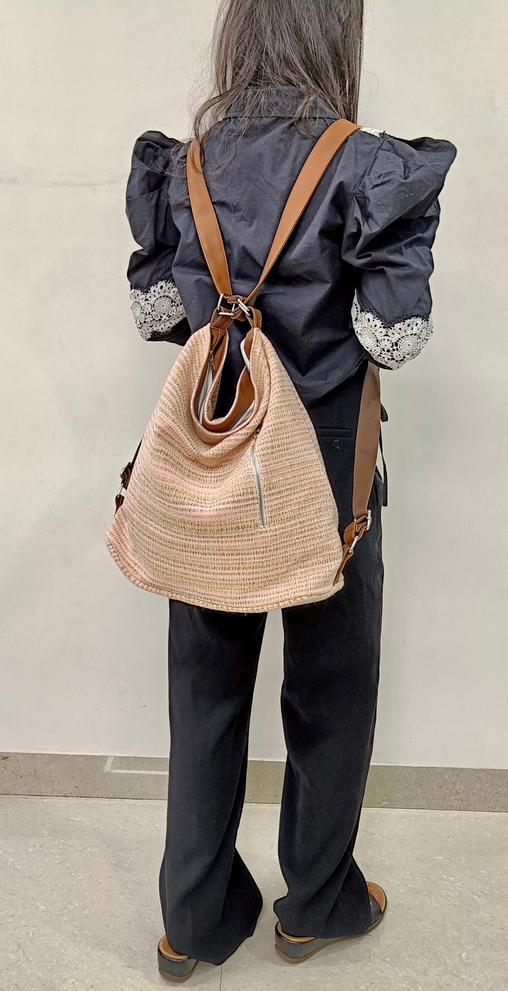 Stria Pink Convertible Backpack and Shoulder Handloom Bag