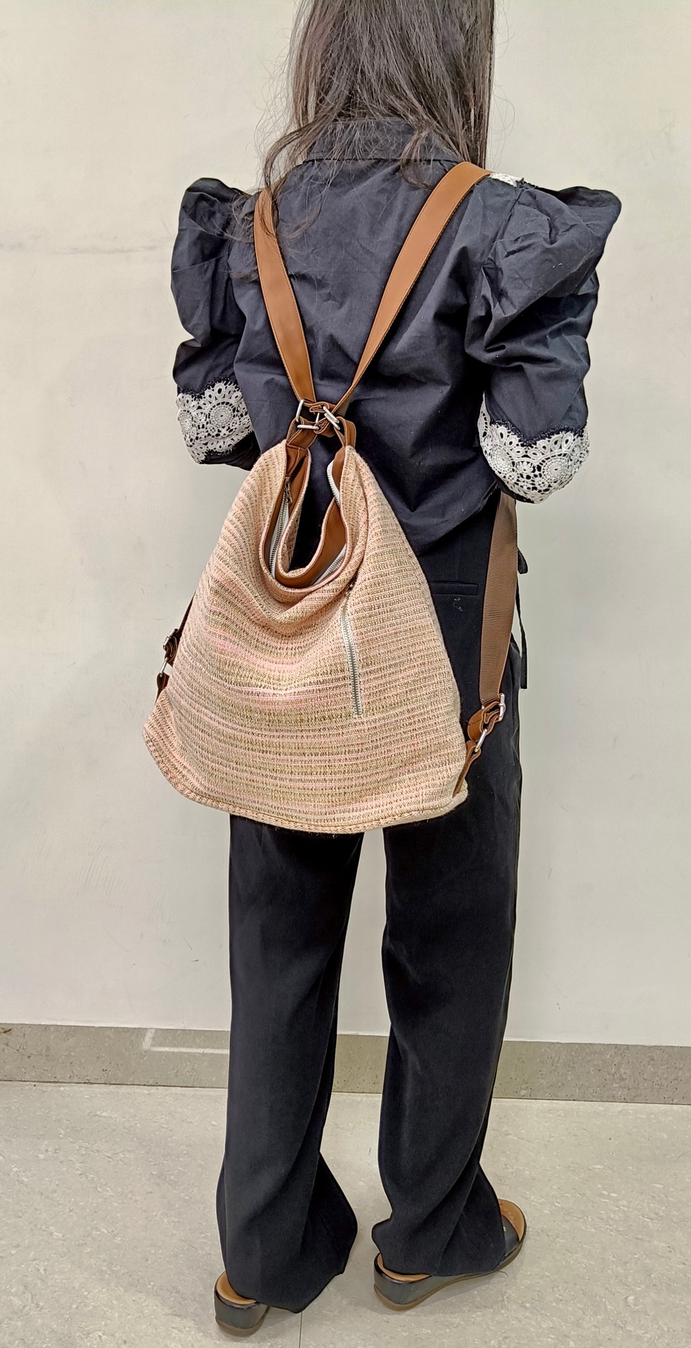 Stria Pink Convertible Backpack and Shoulder Handloom Bag