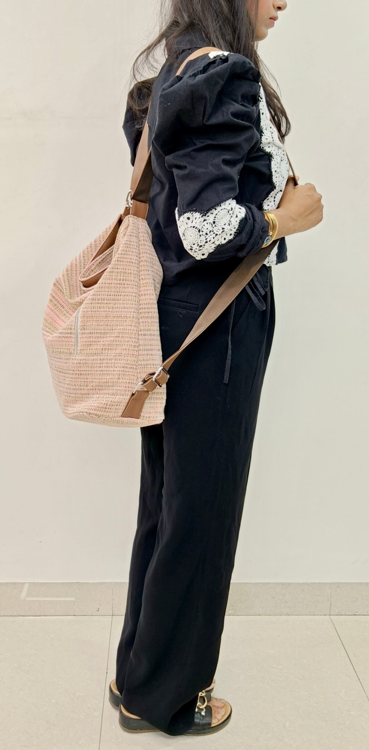 Stria Pink Convertible Backpack and Shoulder Handloom Bag