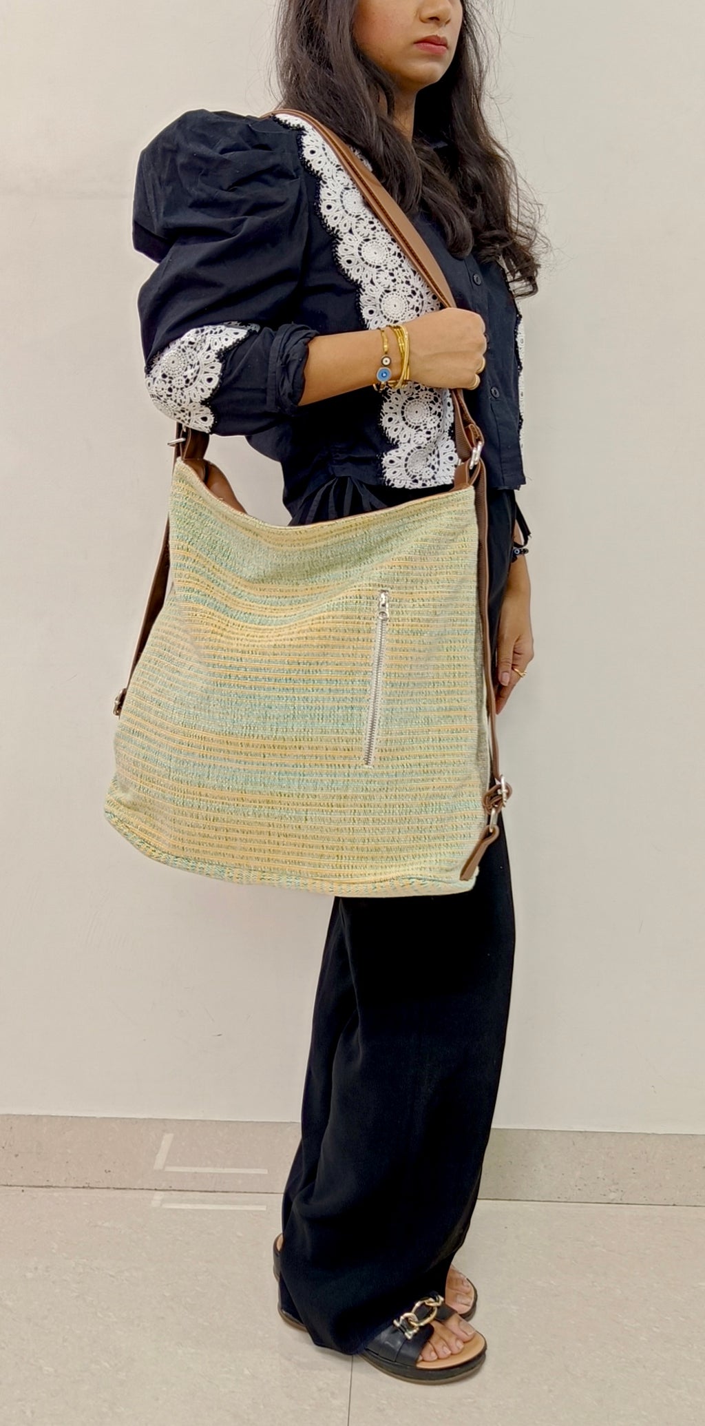Stria Yellow Green Convertible Backpack and Shoulder Handloom Bag