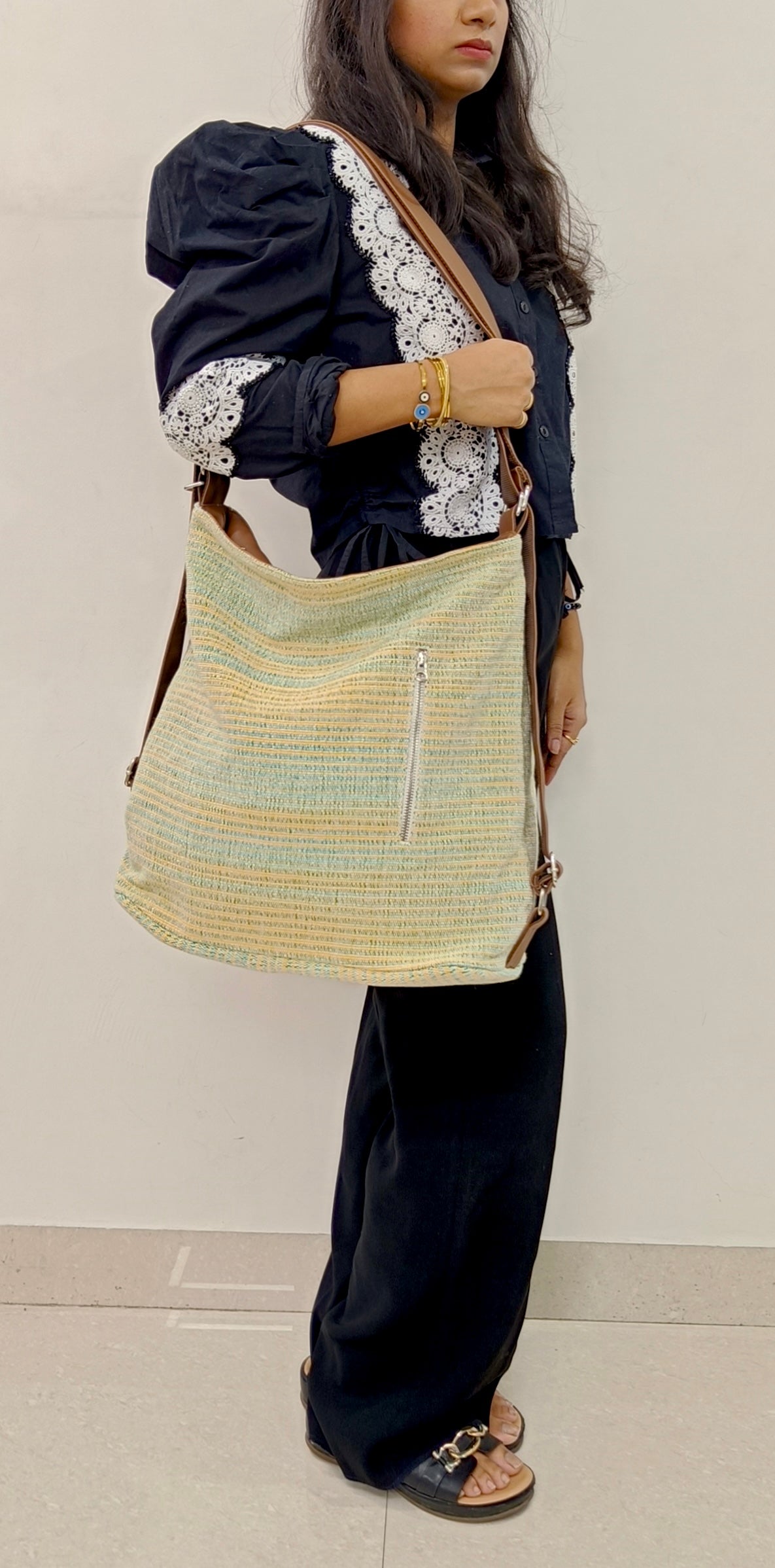 Stria Yellow Green Convertible Backpack and Shoulder Handloom Bag