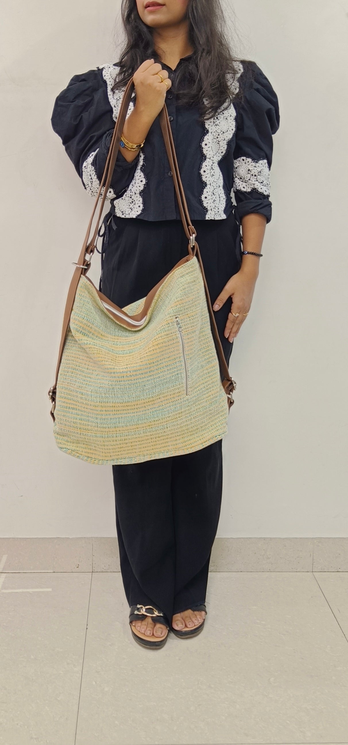 Stria Yellow Green Convertible Backpack and Shoulder Handloom Bag