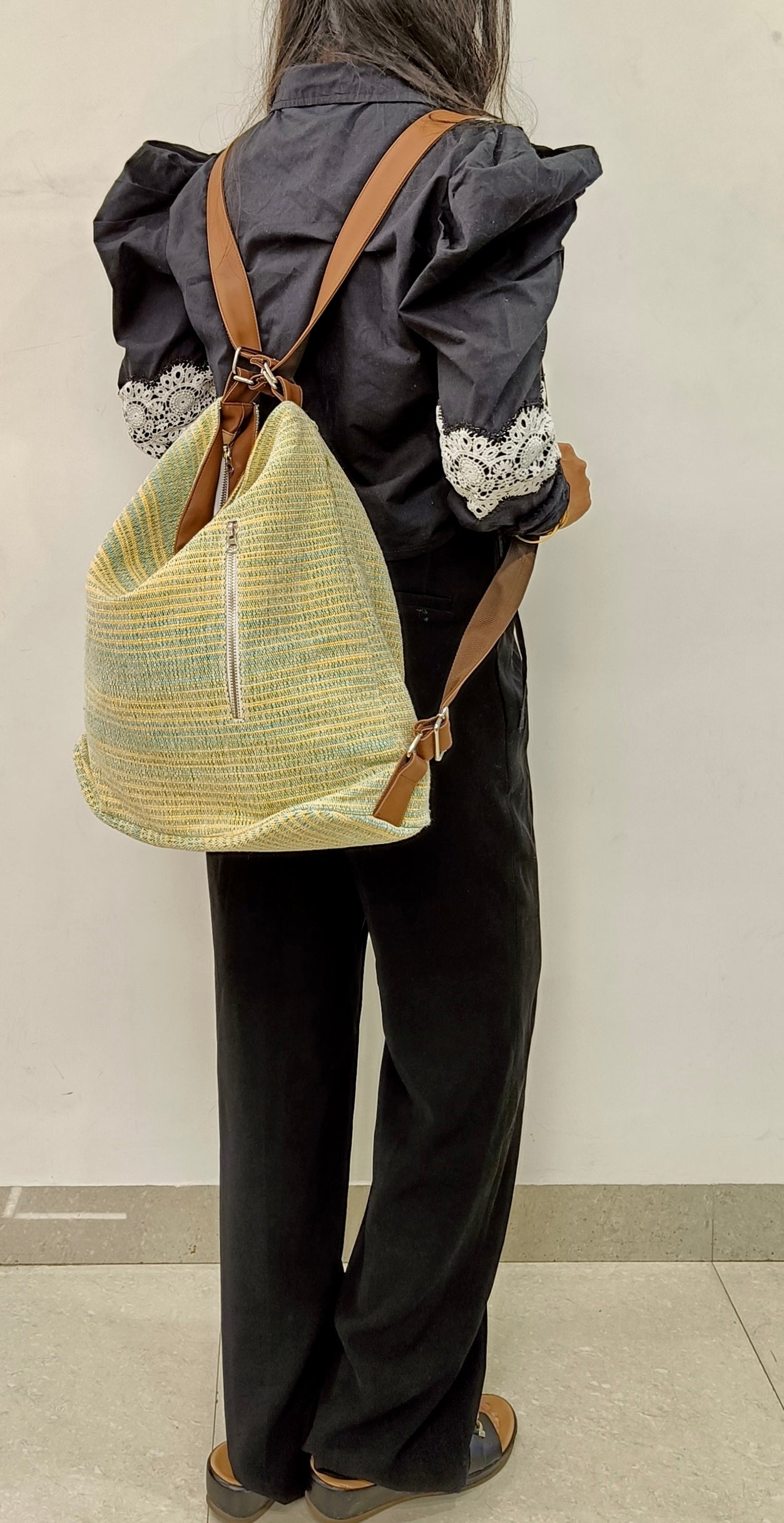 Stria Yellow Green Convertible Backpack and Shoulder Handloom Bag