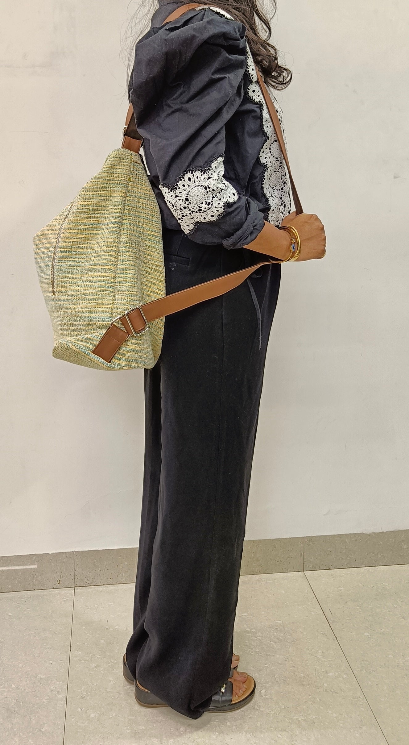 Stria Yellow Green Convertible Backpack and Shoulder Handloom Bag