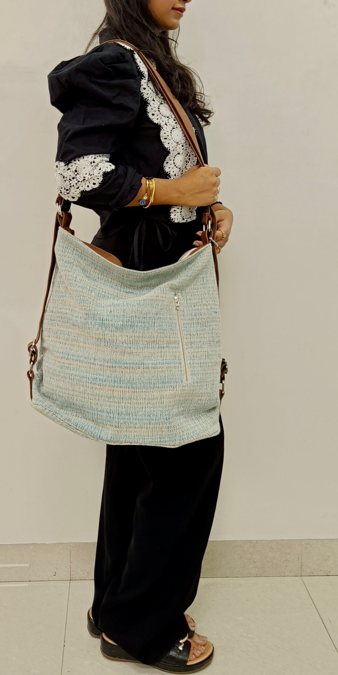 Stria Blue Convertible Backpack and Shoulder Handloom Bag