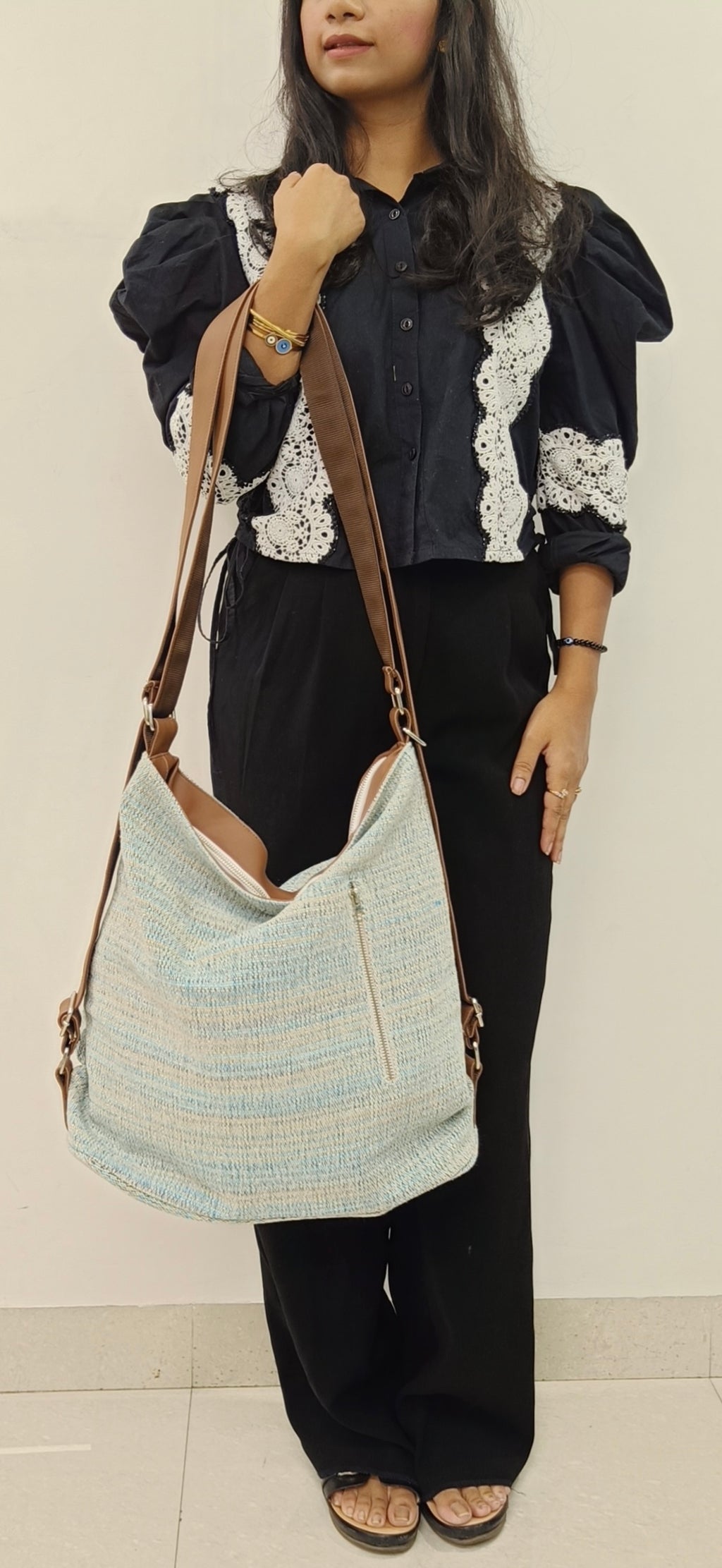 Stria Blue Convertible Backpack and Shoulder Handloom Bag