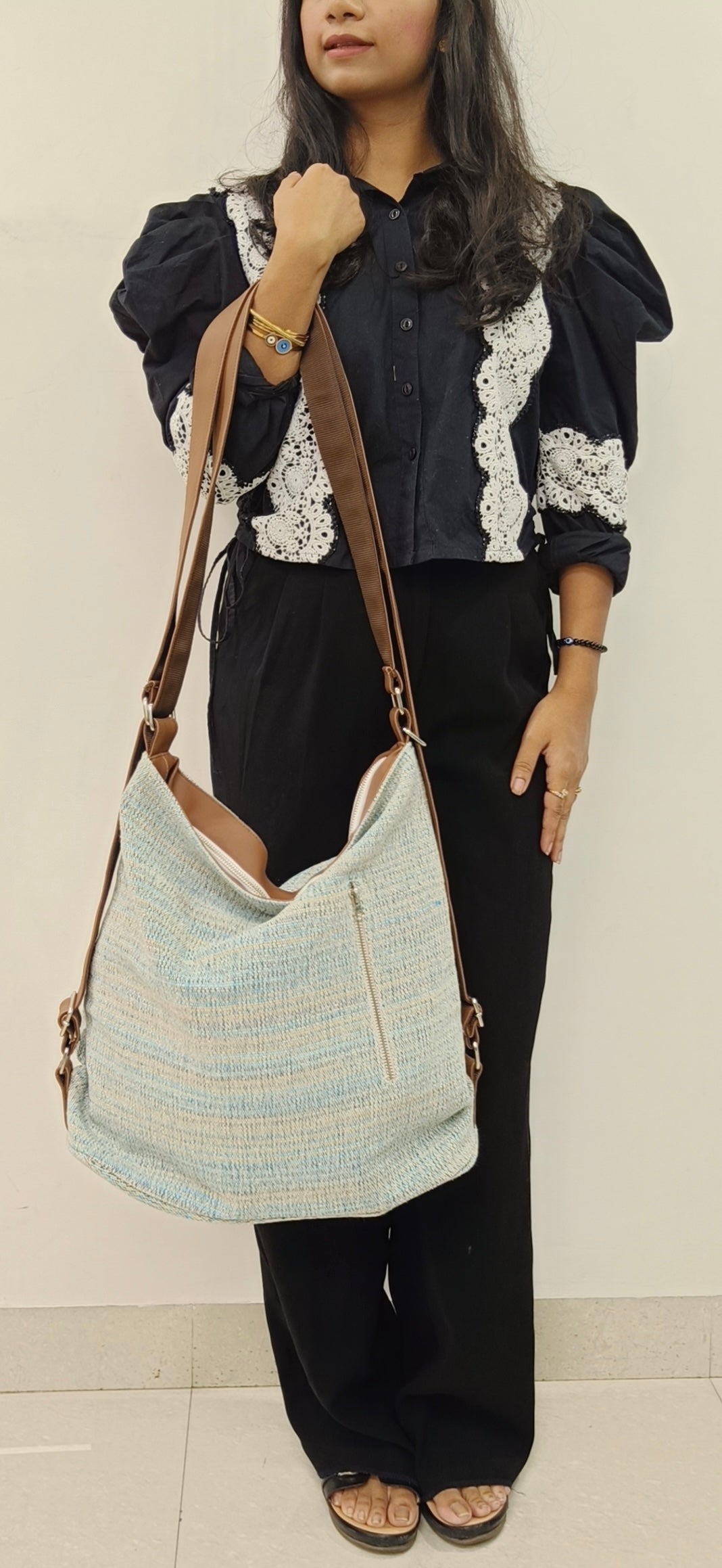 Stria Blue Convertible Backpack and Shoulder Handloom Bag