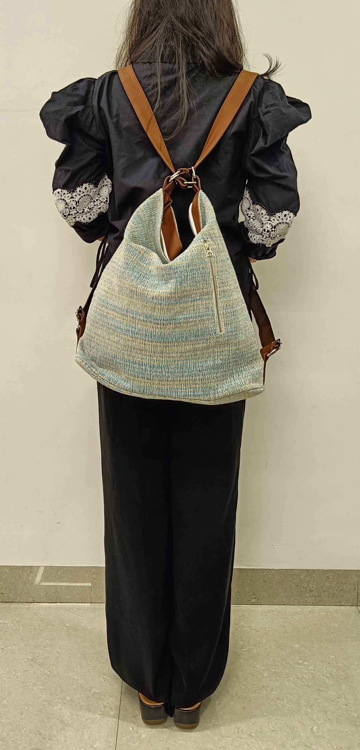 Stria Blue Convertible Backpack and Shoulder Handloom Bag