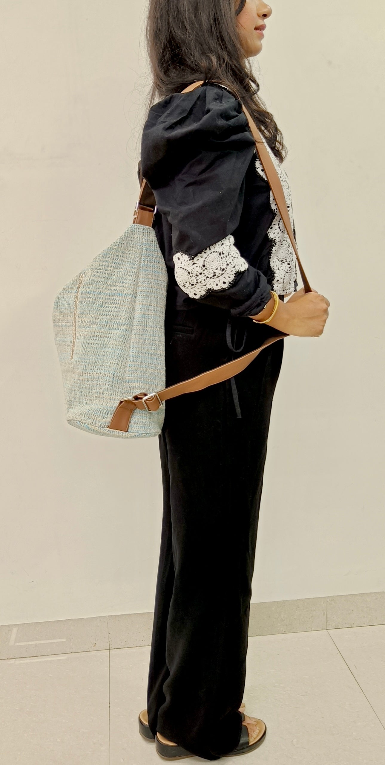 Stria Blue Convertible Backpack and Shoulder Handloom Bag