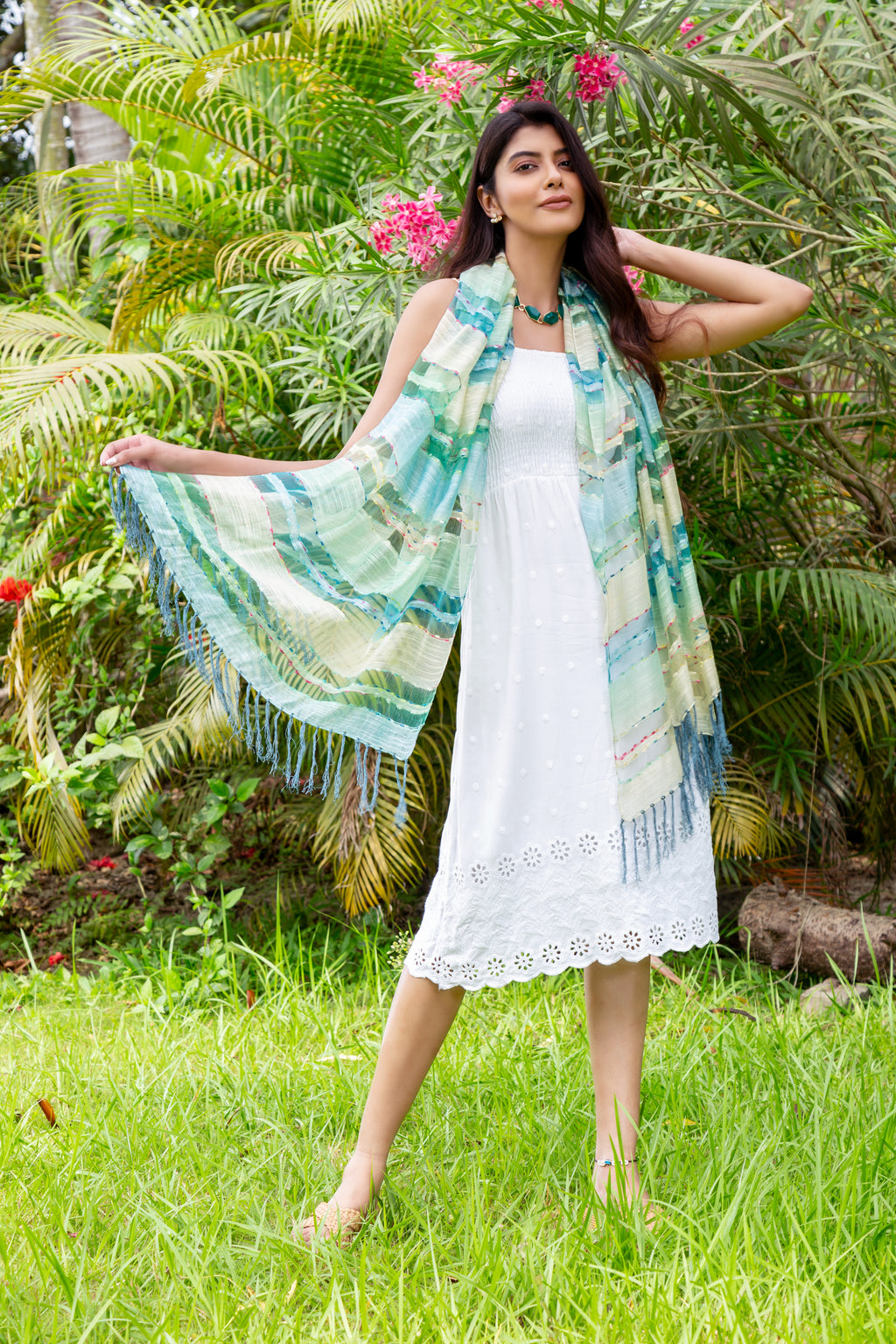 LARGE SIZE Breezy Striped Summer Scarf with Soft Tassels – Aqua & Meadow Tones
