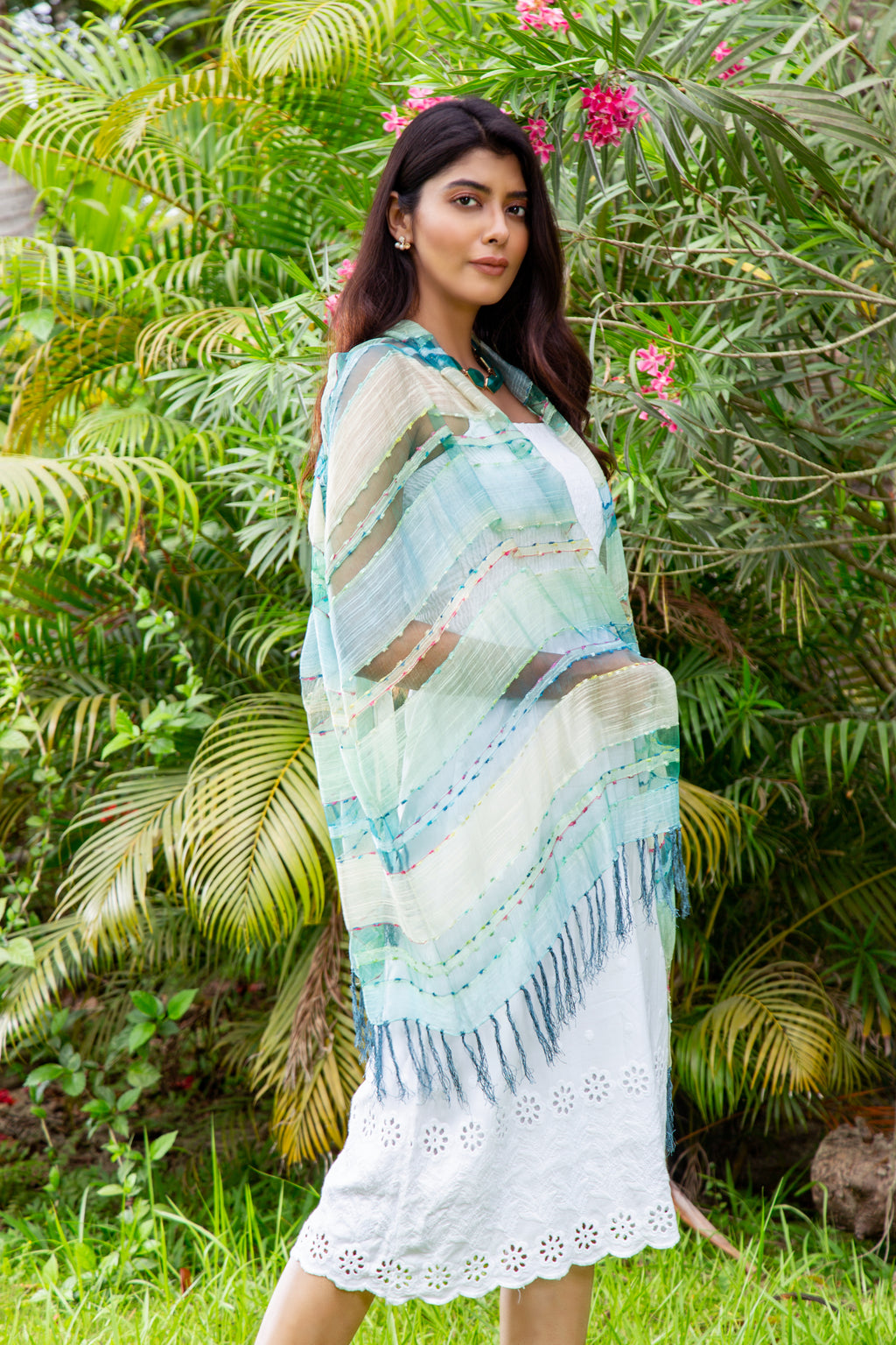 LARGE SIZE Breezy Striped Summer Scarf with Soft Tassels – Aqua & Meadow Tones